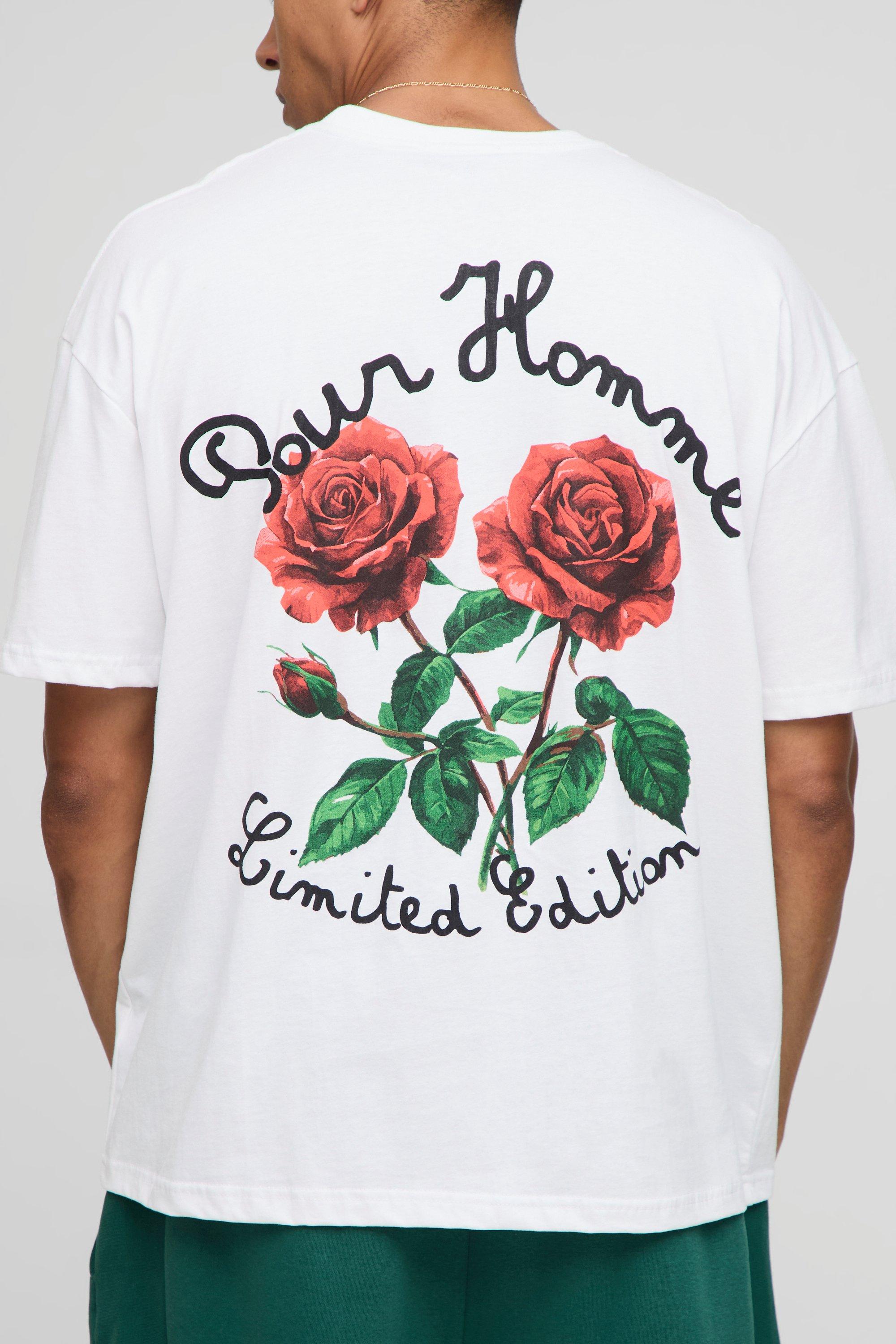 Mens White Oversized Limited Edition Embroidered Rose T-shirt, White