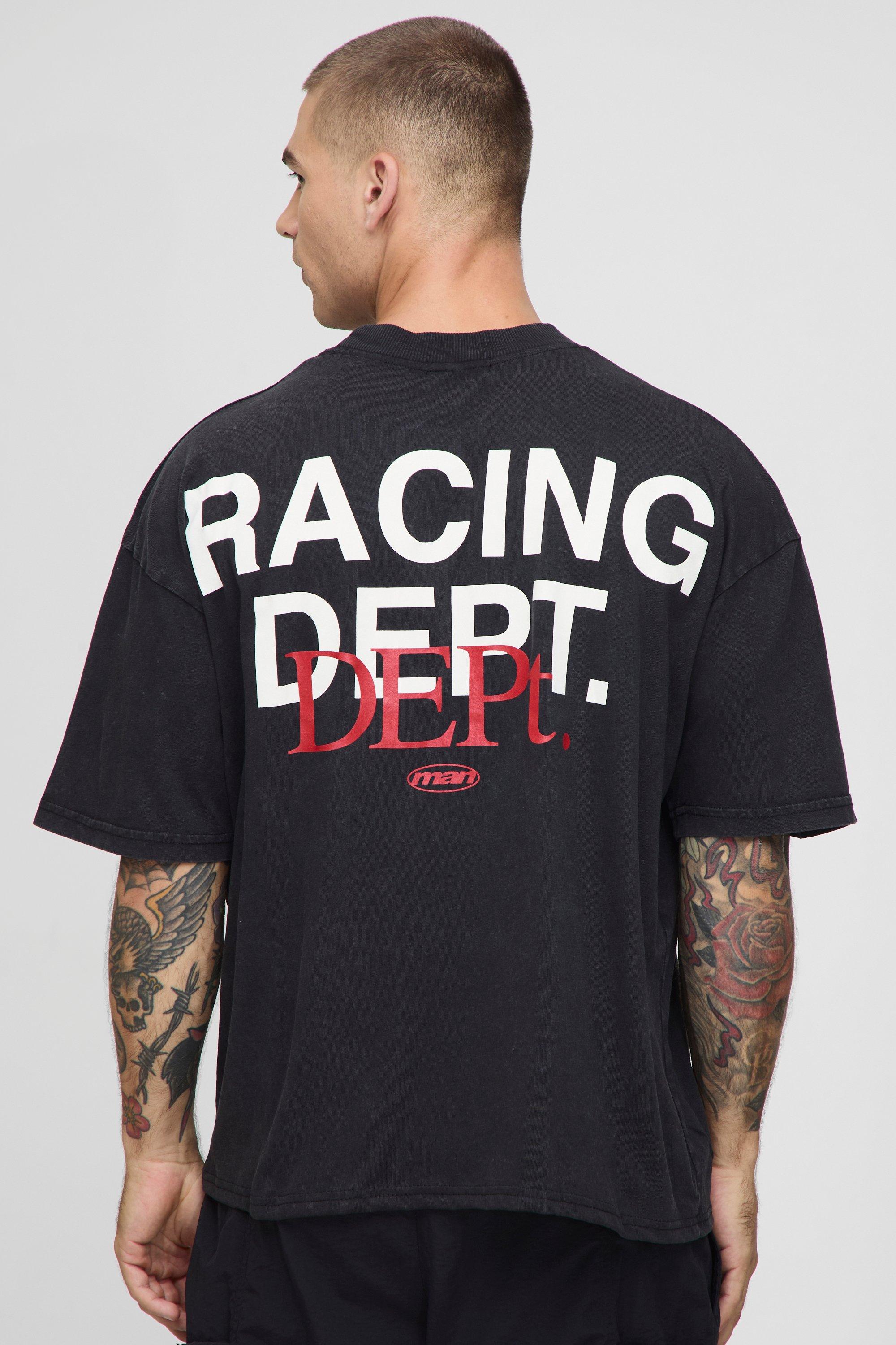 Image of Oversized Boxy Extended Neck Racing Dept Washed T-Shirt, Nero