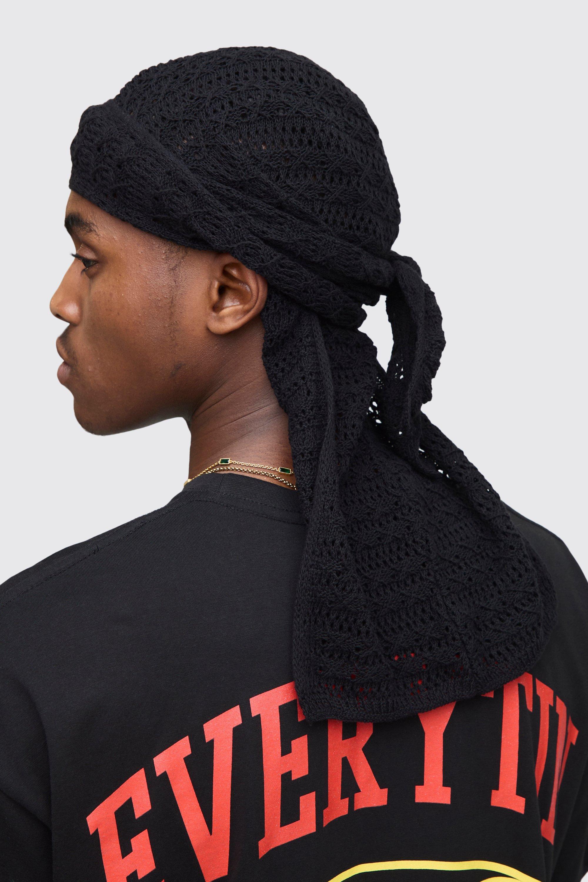 Mens Black Open Stitch Knitted Durag, Black