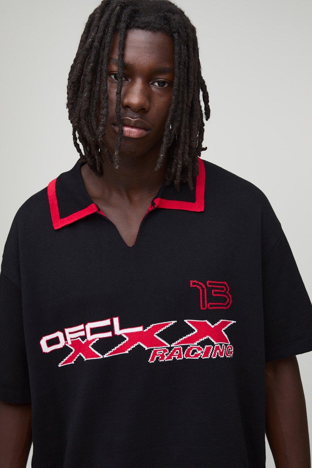 Mens Black Oversized Boxy OFCL Knitted Football Polo, Black
