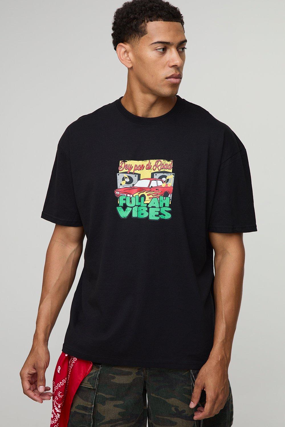 Image of Black Oversized Moto Vibes Graphic T-Shirt, Nero