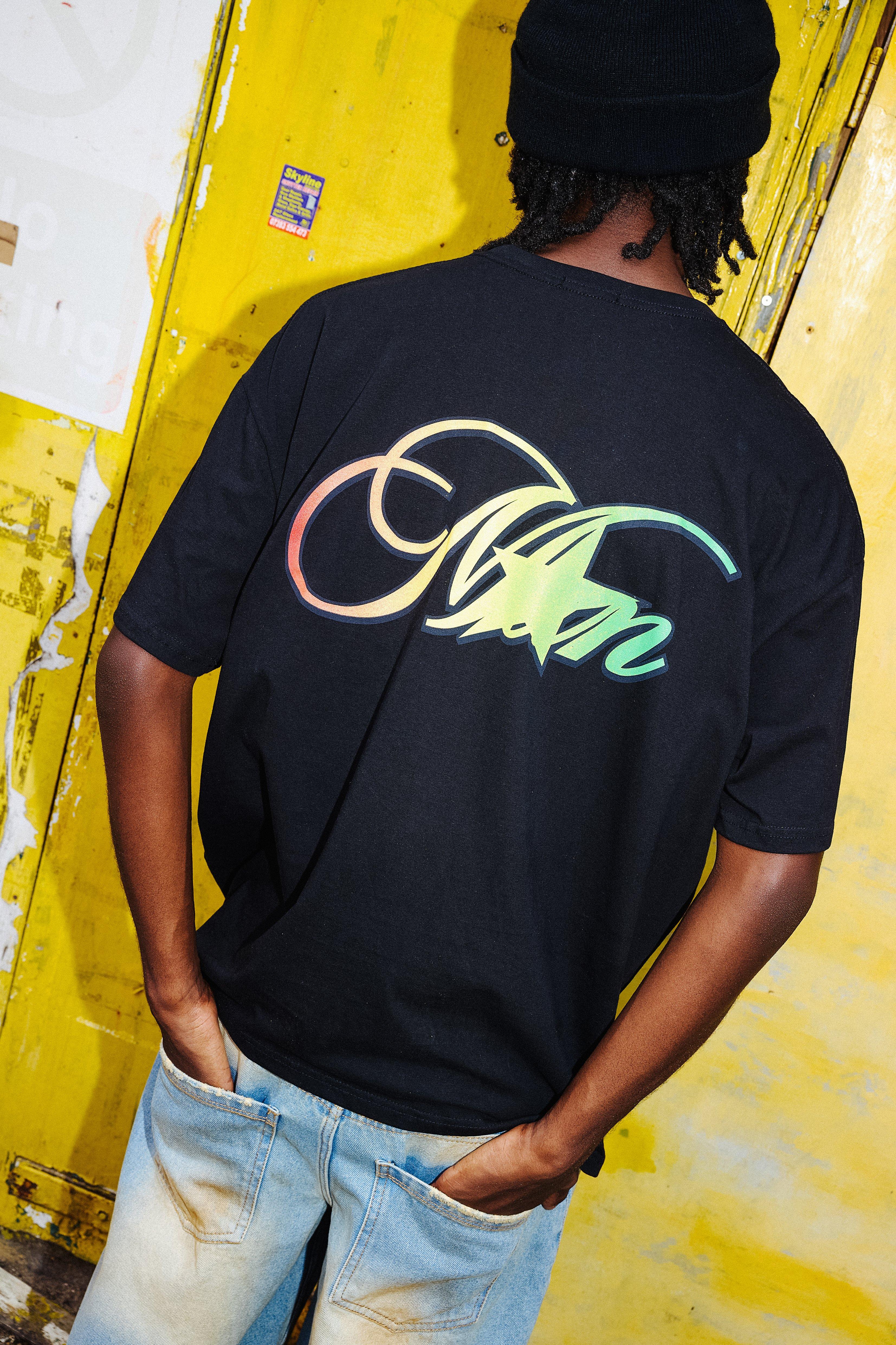 Mens Black Oversized Man Star Graphic T-Shirt, Black