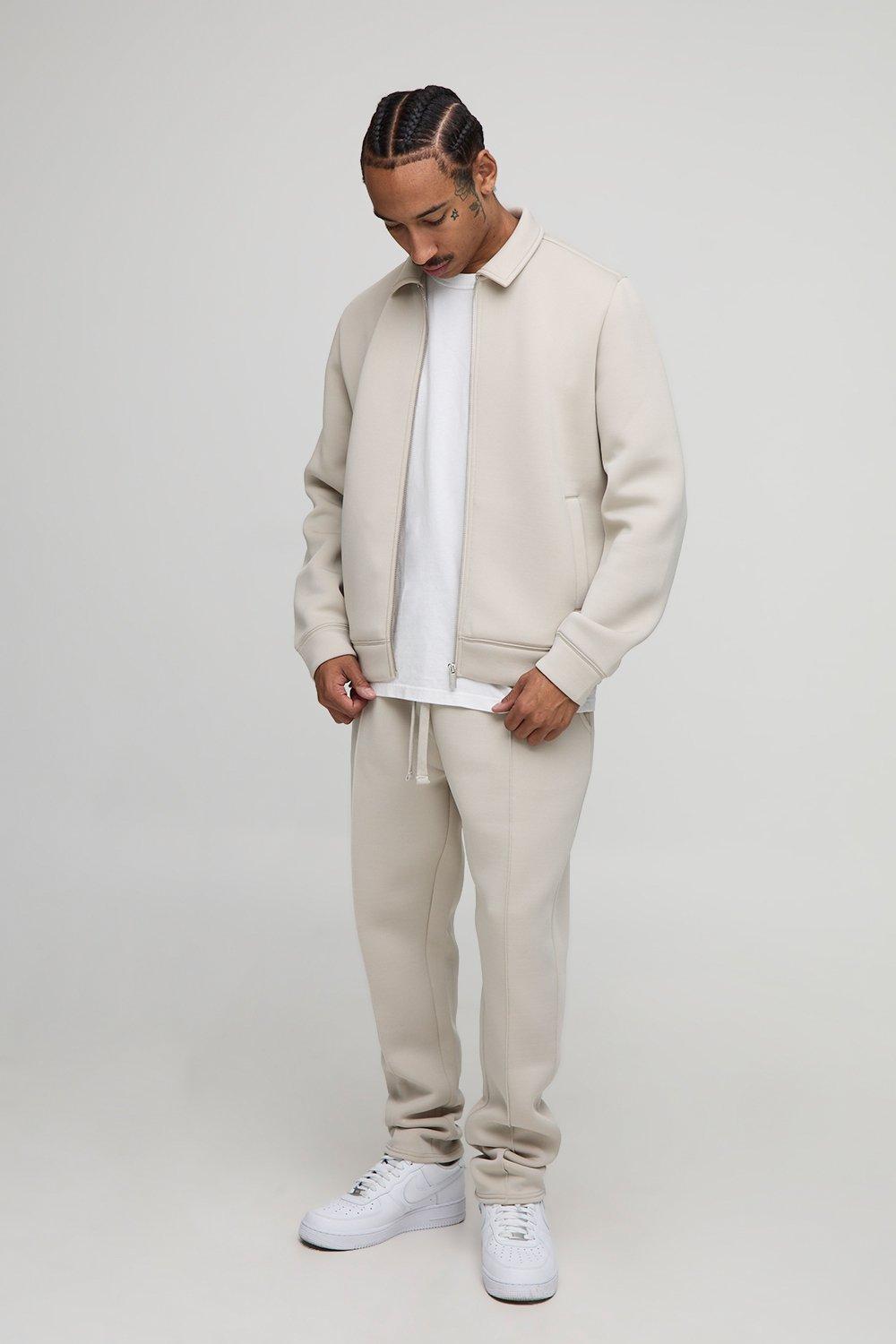 Mens Beige Boxy Bonded Scuba Harrington Set, Beige