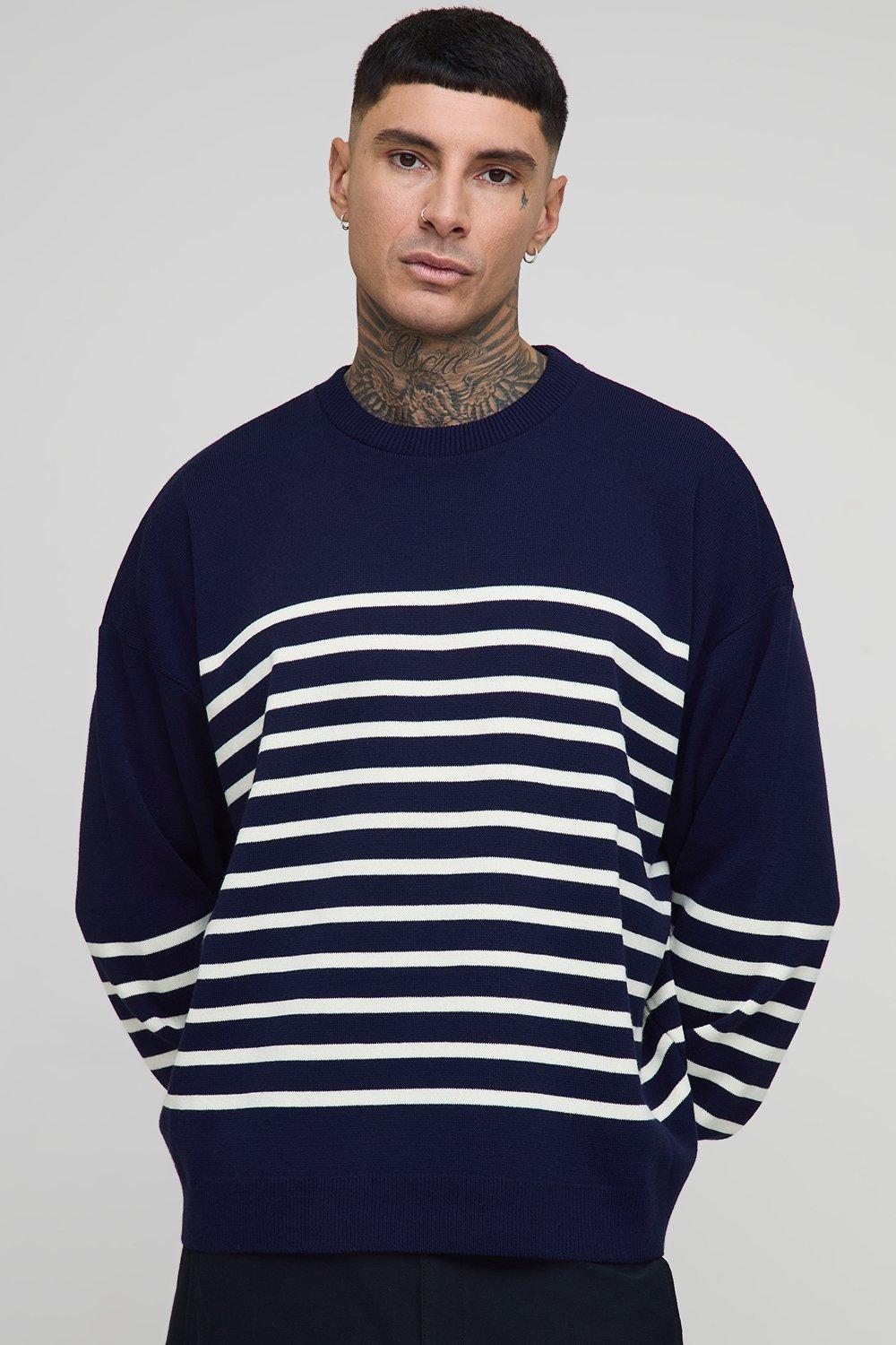 Image of Tall Knitted Stripe Oversized Crew Neck Jumper, Azzurro