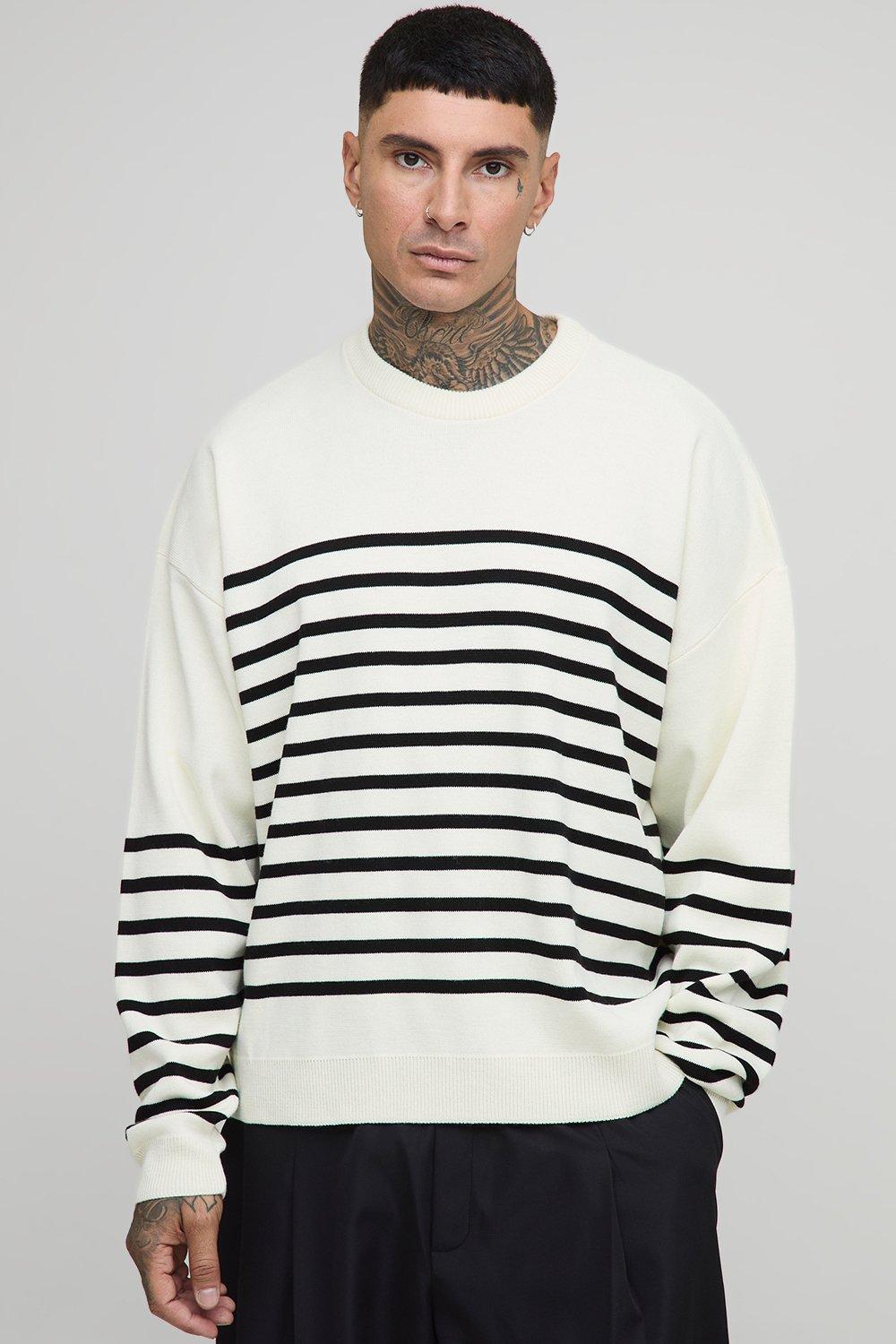 Mens Cream Tall Knitted Stripe Oversized Crew Neck Jumper, Cream
