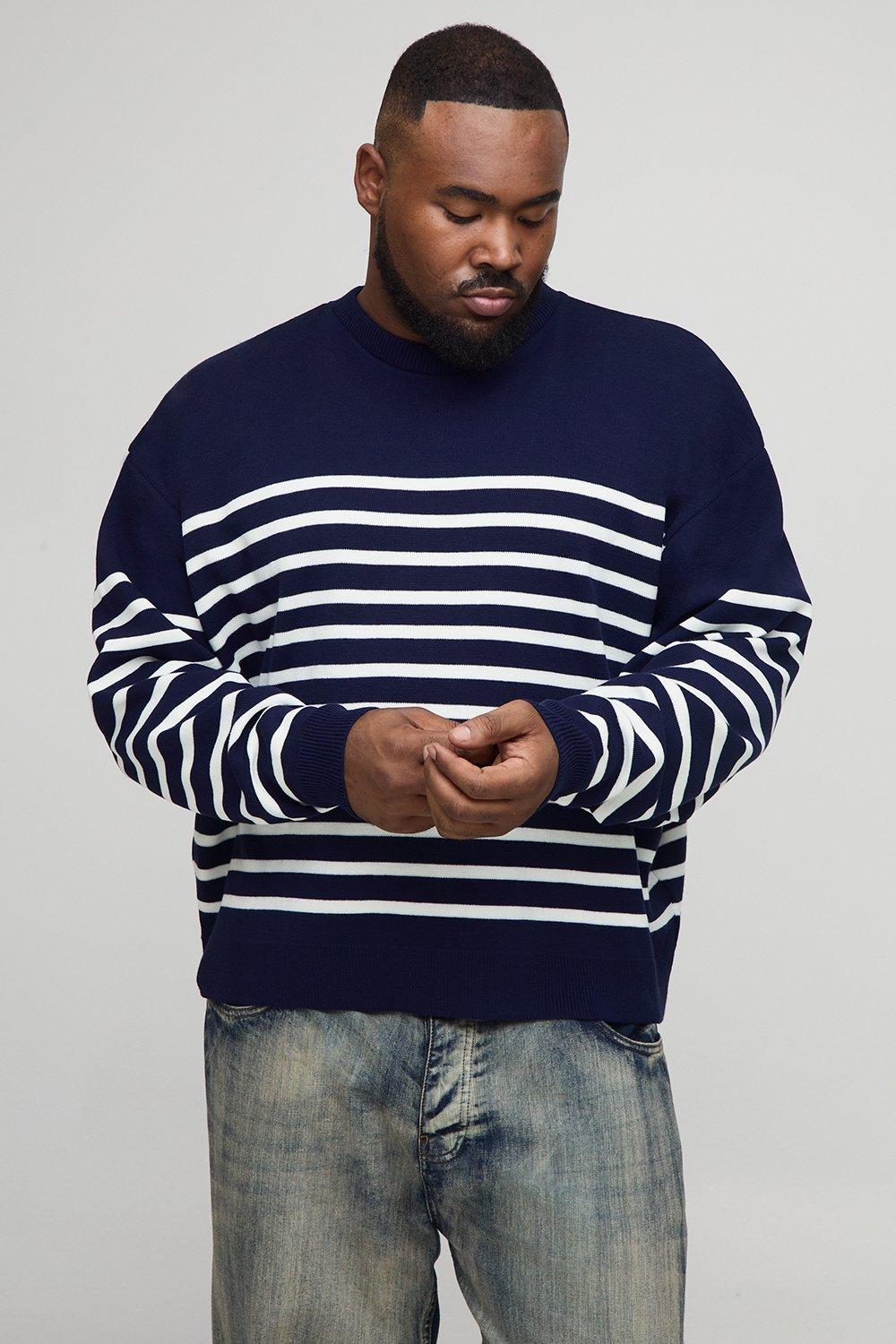 Image of Plus Knitted Stripe Oversized Crew Neck Jumper, Azzurro