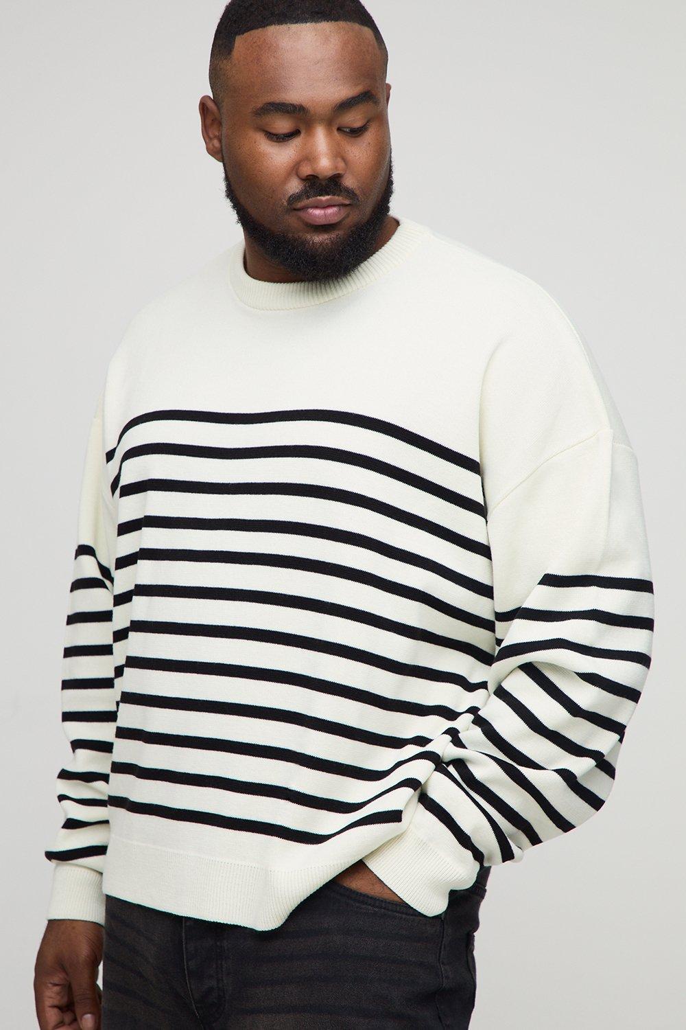 Image of Plus Knitted Stripe Oversized Crew Neck Jumper, Cream