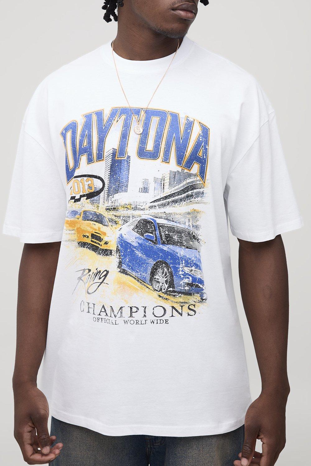 Mens White Tall Oversized Daytona Moto Print T-Shirt, White