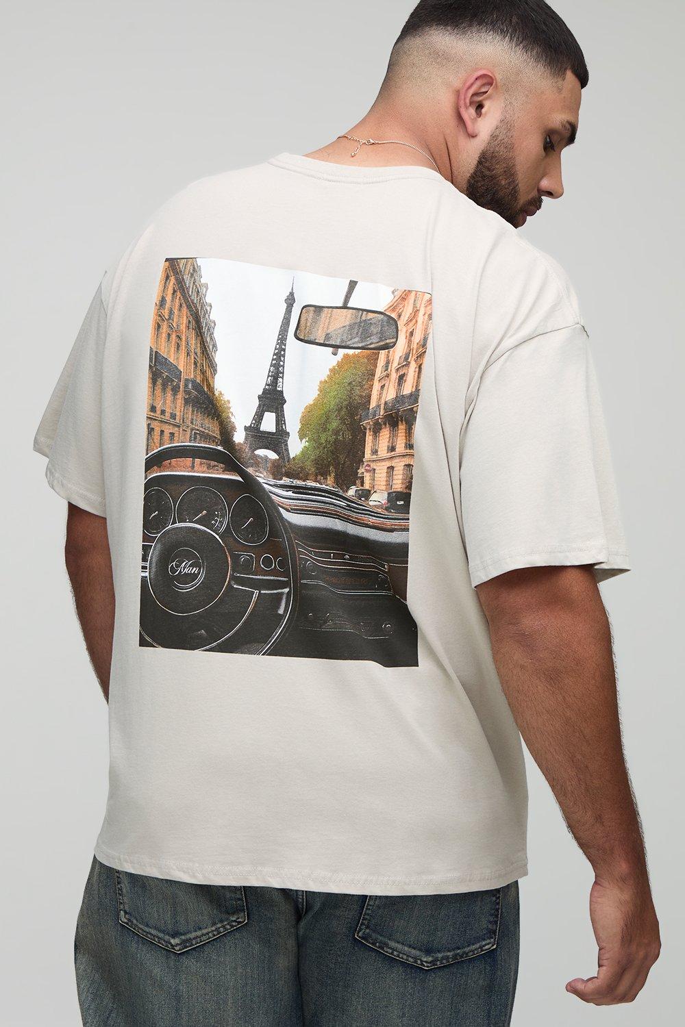 Image of Plus Oversized Man Paris Vintage Car Print T-Shirt, Beige