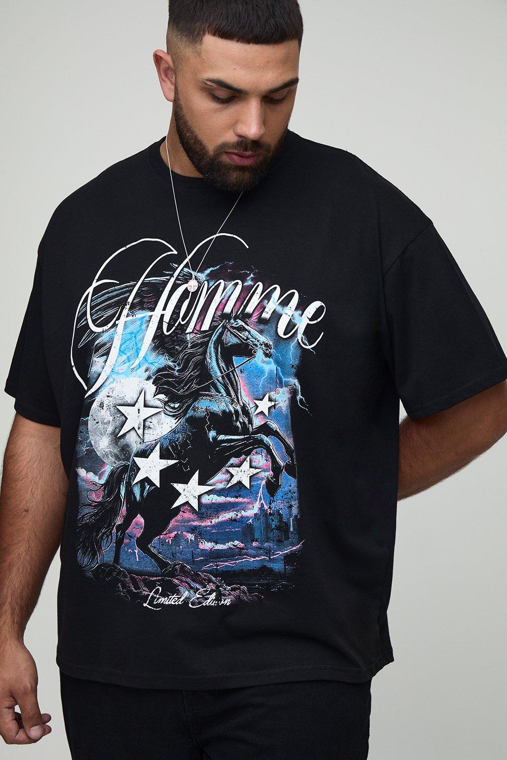 Image of Plus Oversized Homme Gothic Print T-Shirt, Nero