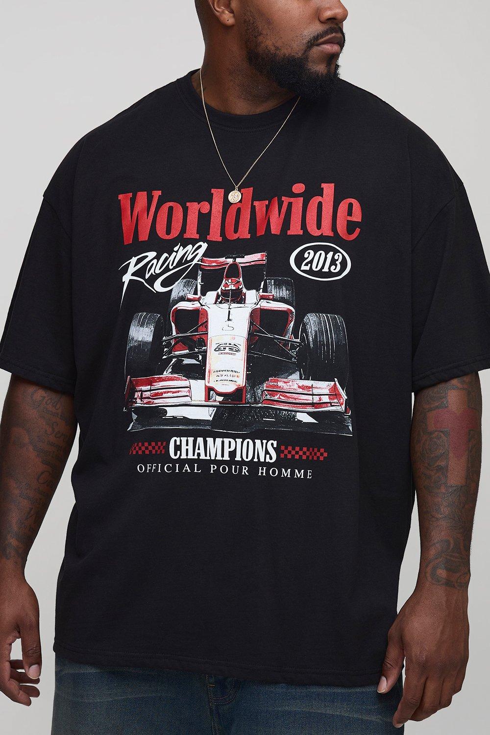 Mens Black Plus Oversized Worldwide Racing Print T-Shirt, Black