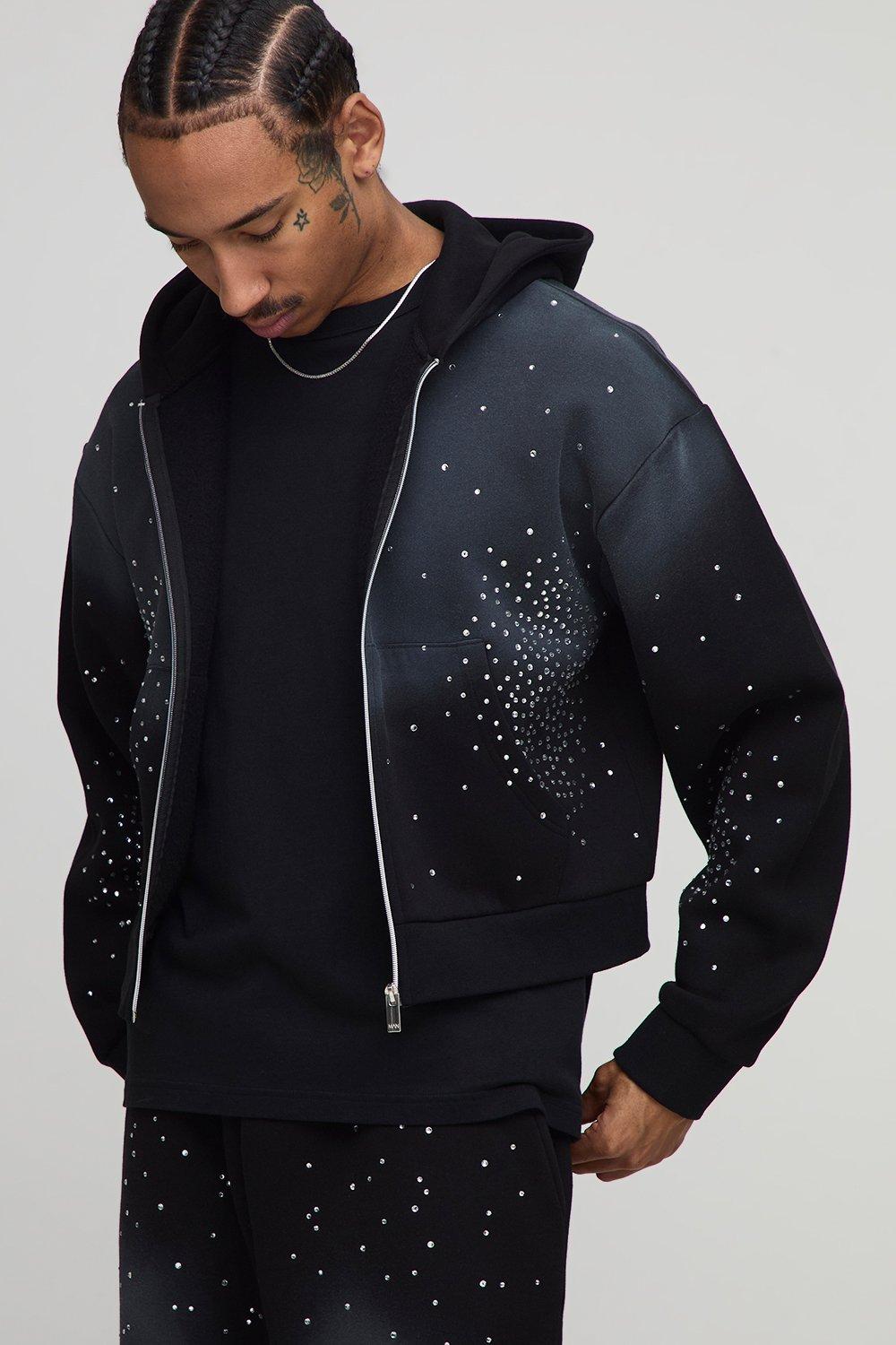 Mens Black Shrunken Fit Rhinestone Washed Zip Through Hoodie, Black