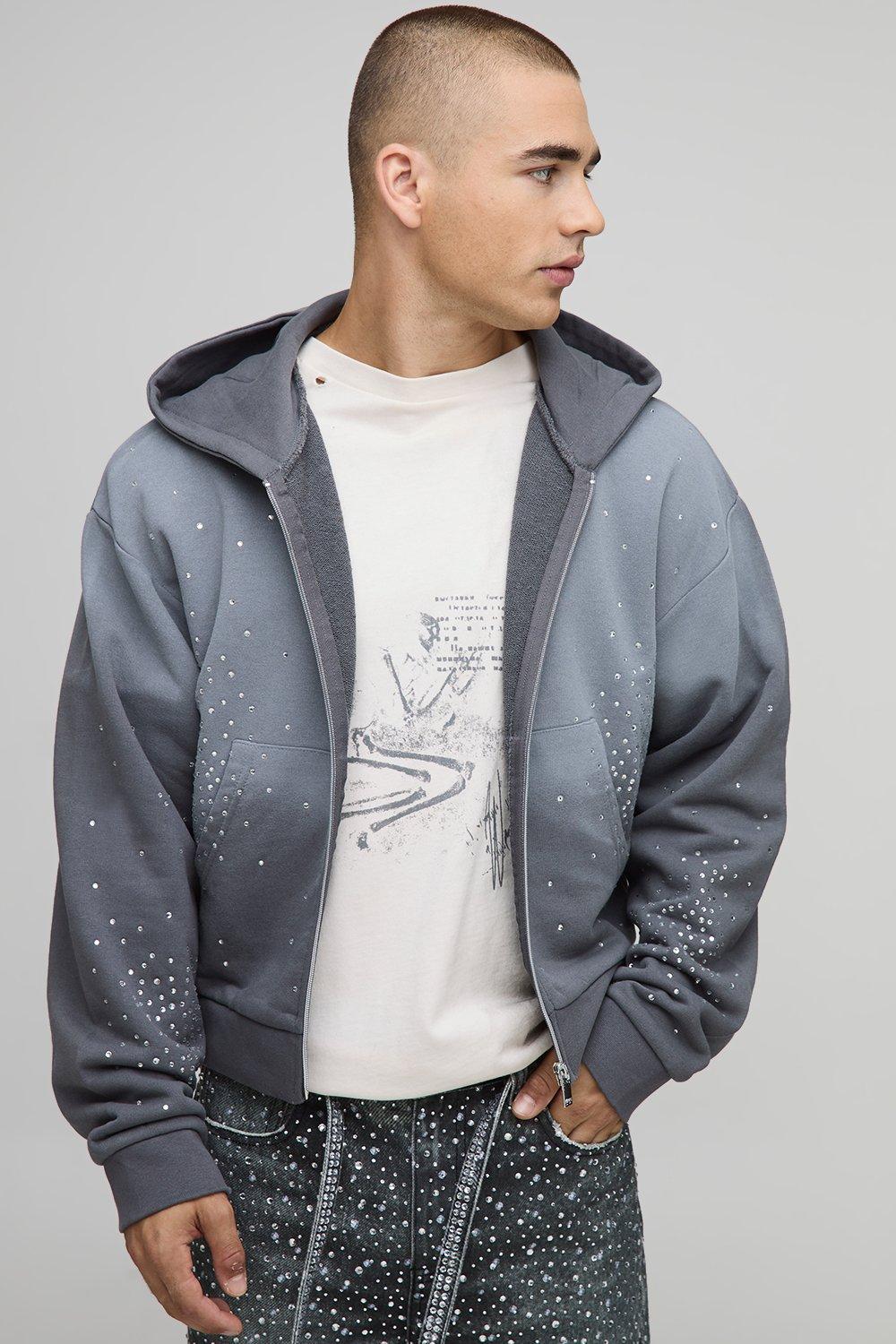 Mens Grey Shrunken Fit Rhinestone Washed Zip Through Hoodie, Grey