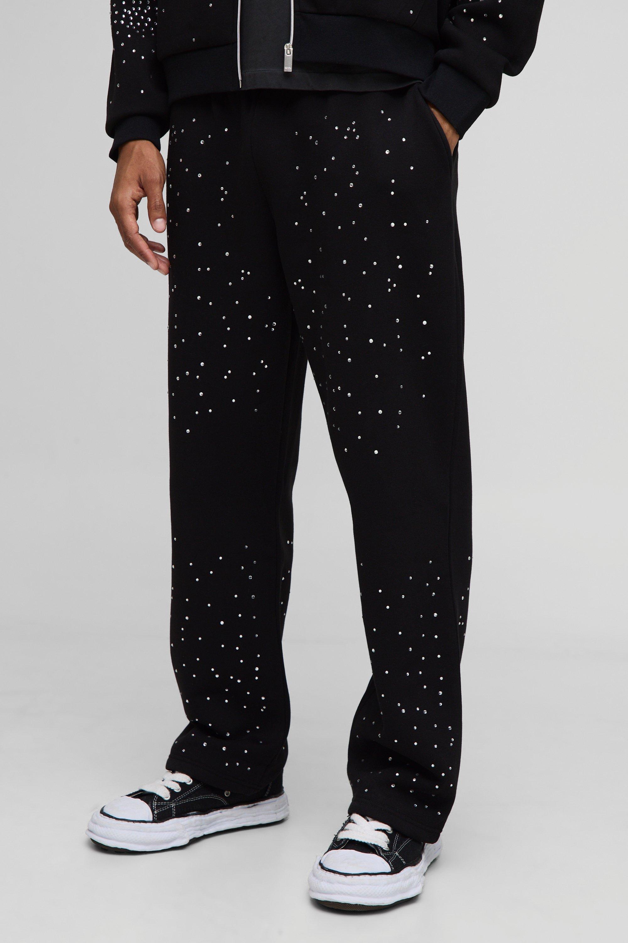 Mens Black Baggy Fit Rhinestone Joggers, Black