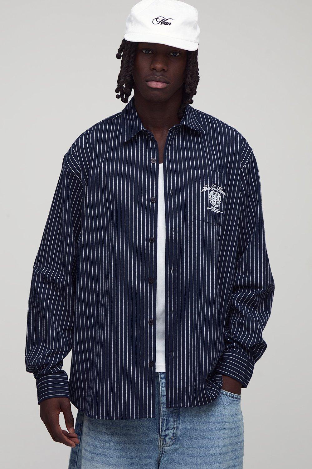 Image of Oversized Long Sleeve Embroidered Stripe Shirt, Navy