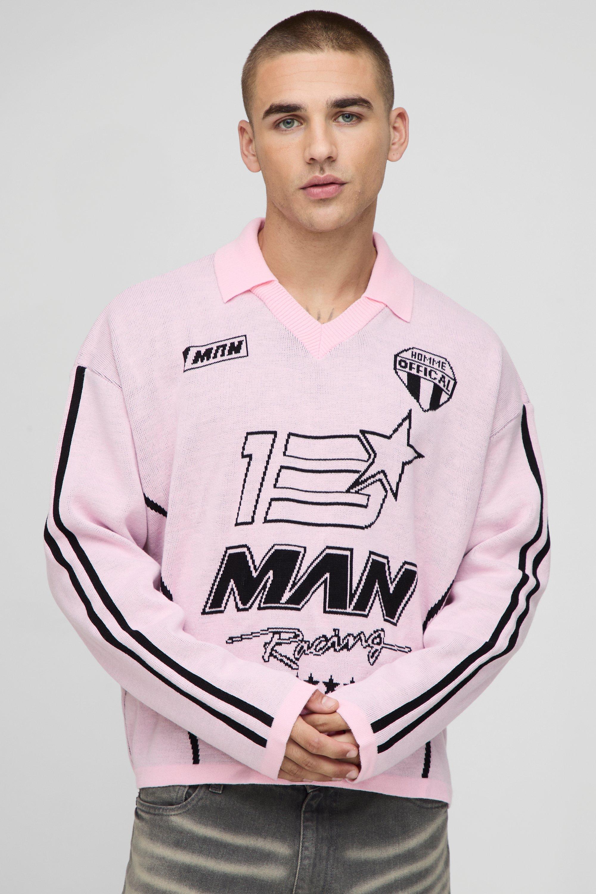 Mens Pink Oversized Boxy Moto Football Jacquard Knitted Long Sleeve T-Shirt, Pink