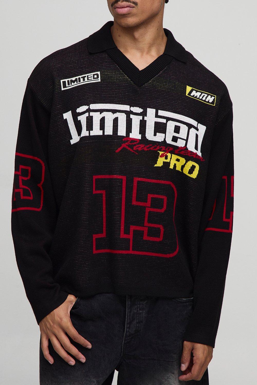Image of Oversized Football Moto Jacquard Knitted long Sleeve T-Shirt, Nero