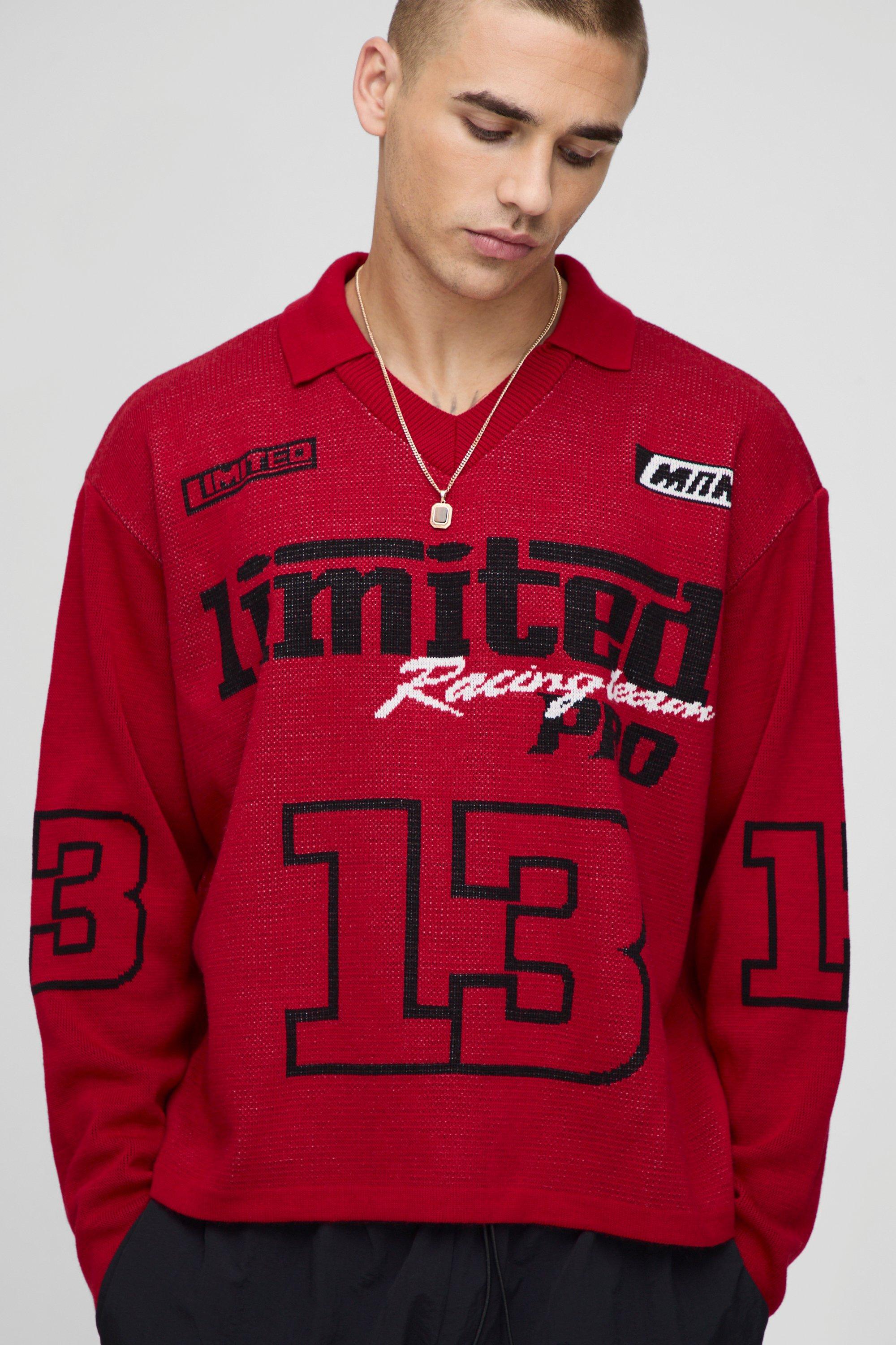 Image of Oversized Football Moto Jacquard Knitted long Sleeve T-Shirt, Rosso