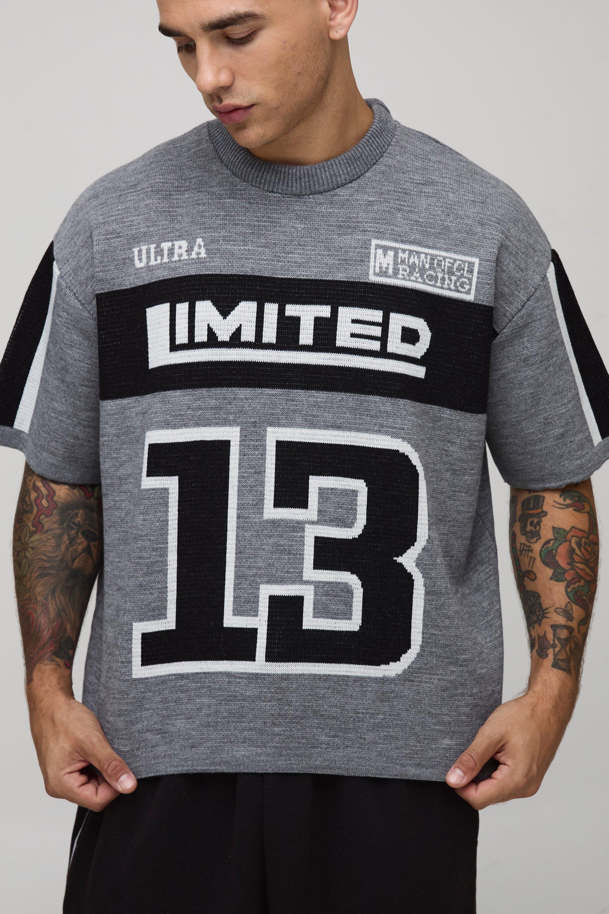 Image of Oversized Boxy Limited Moto Jacquard Knitted T-Shirt, Nero