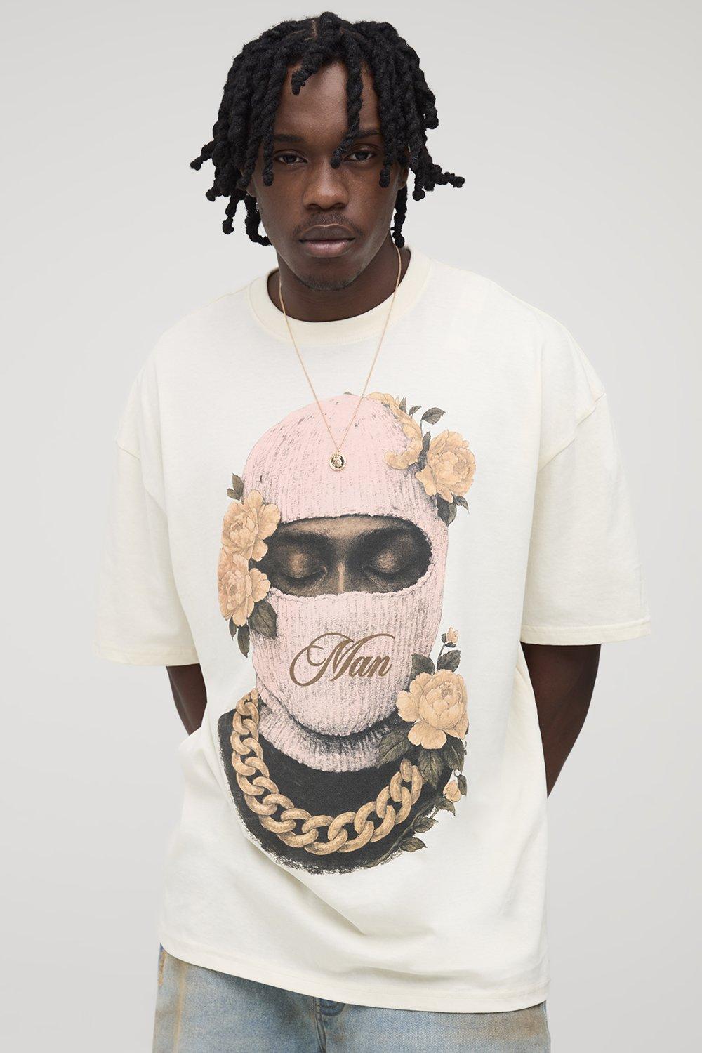 Image of Tall Oversized Man Floral Ski Mask Print T-Shirt, Cream