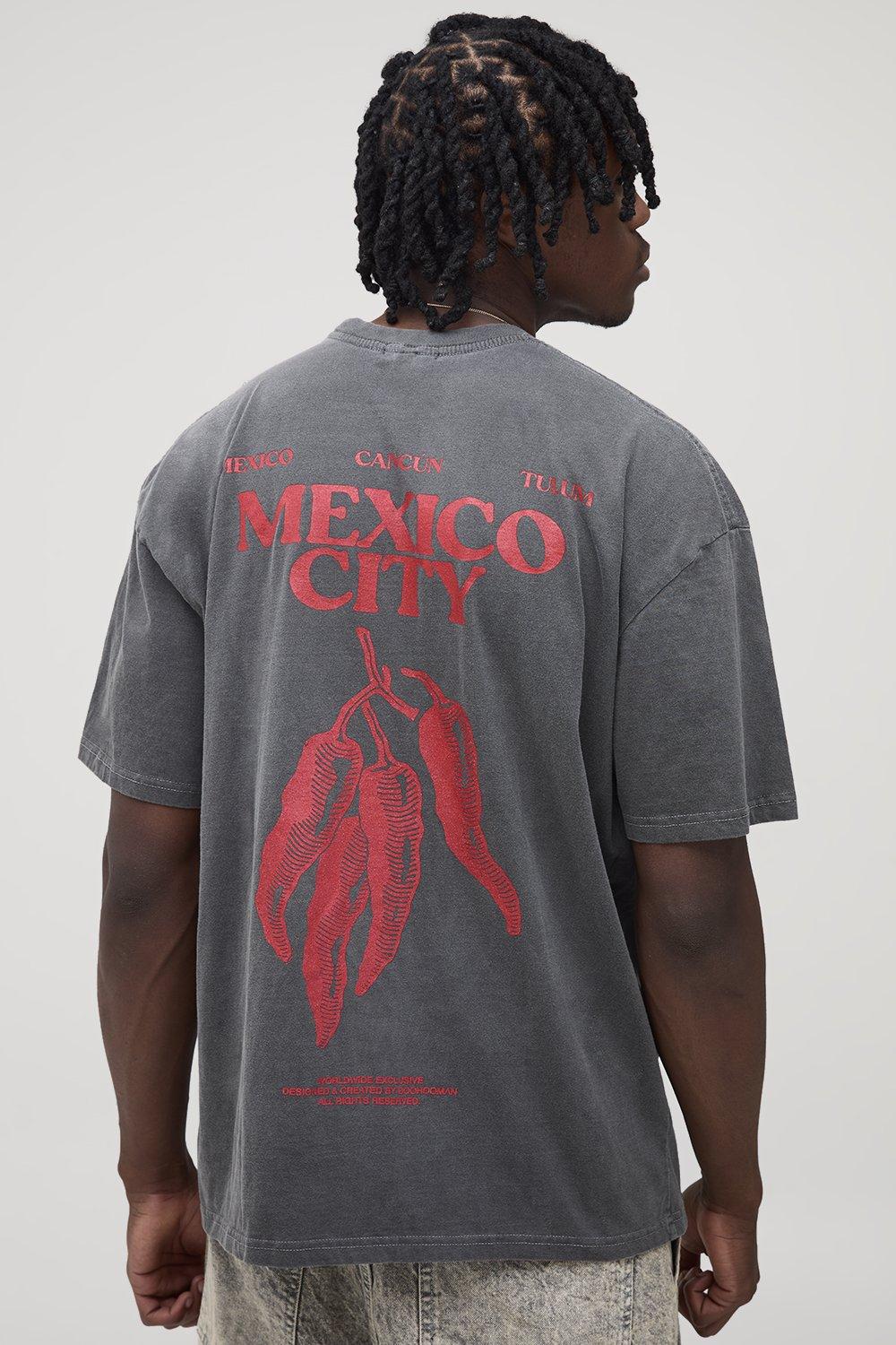 Image of Tall Oversized Mexico Chilli Print Washed T-Shirt, Nero