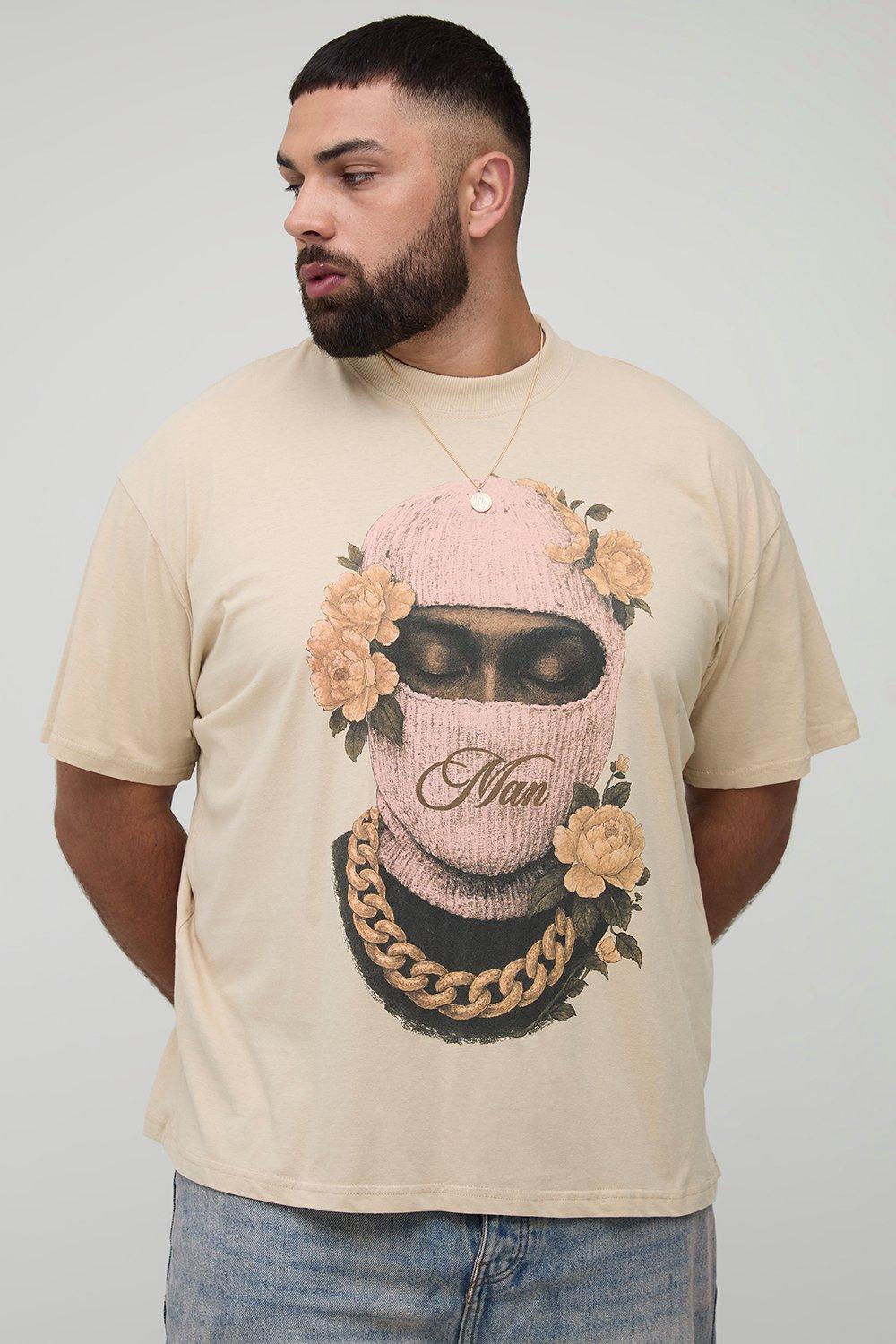 Image of Plus Oversized Extended Neck Man Floral Ski Mask Print T-Shirt, Beige