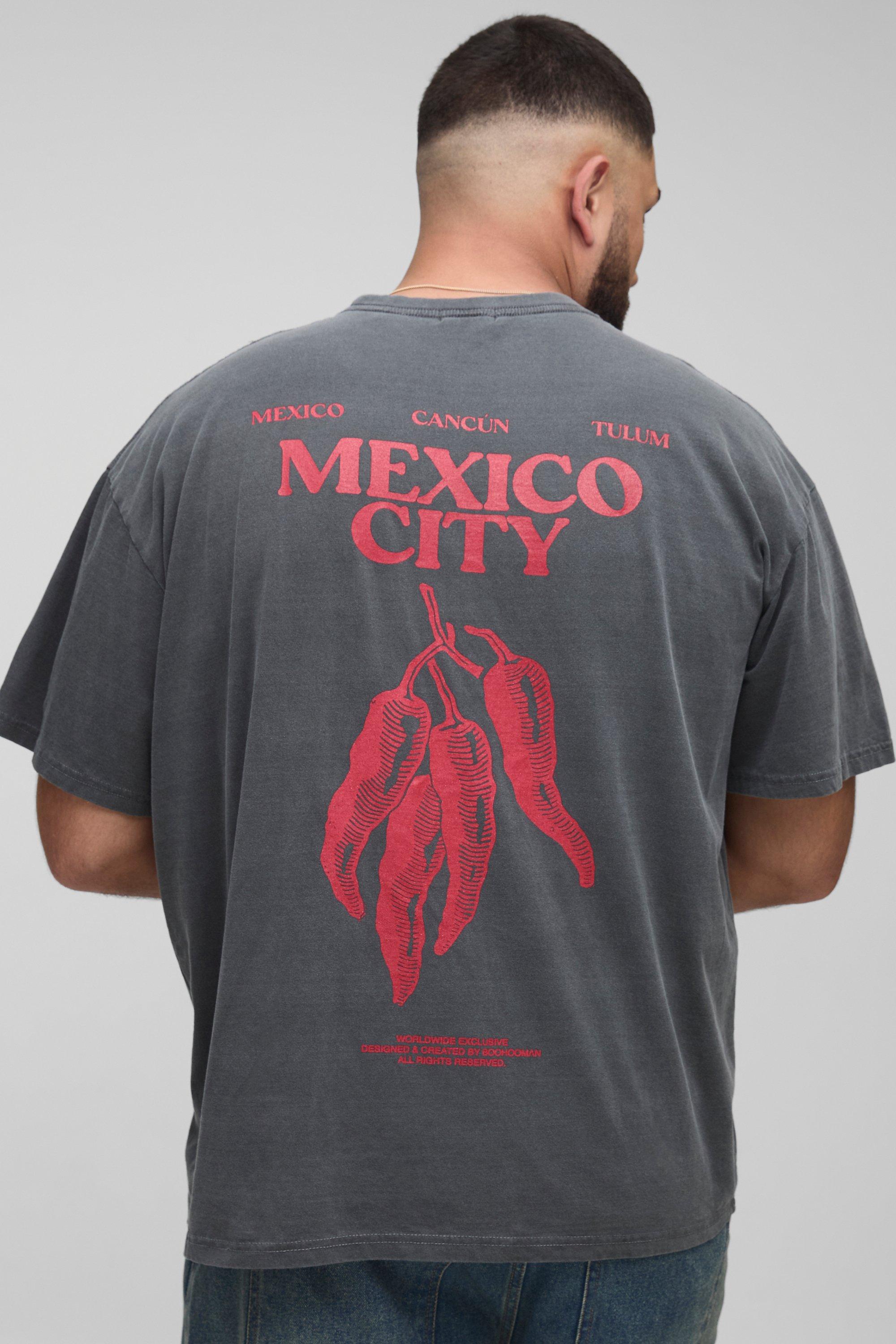 Image of Plus Oversized Mexico Chili Pepper Print Washed T-Shirt, Nero