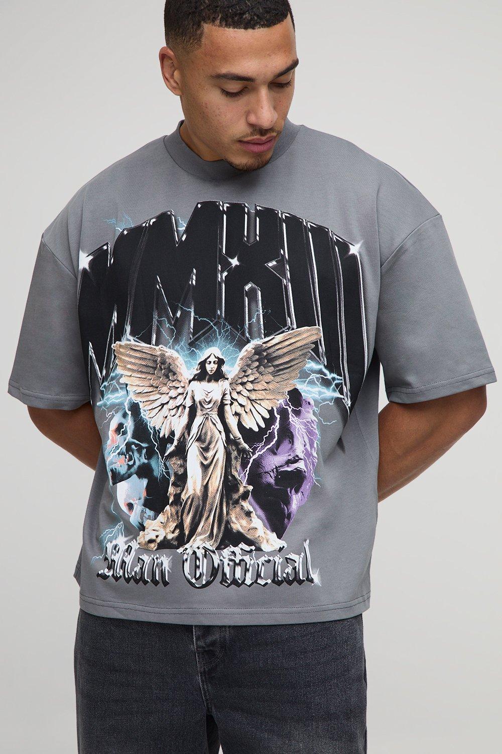 Mens Grey Charcoal Oversized Boxy Heavyweight Angel Printed T-Shirt, Grey