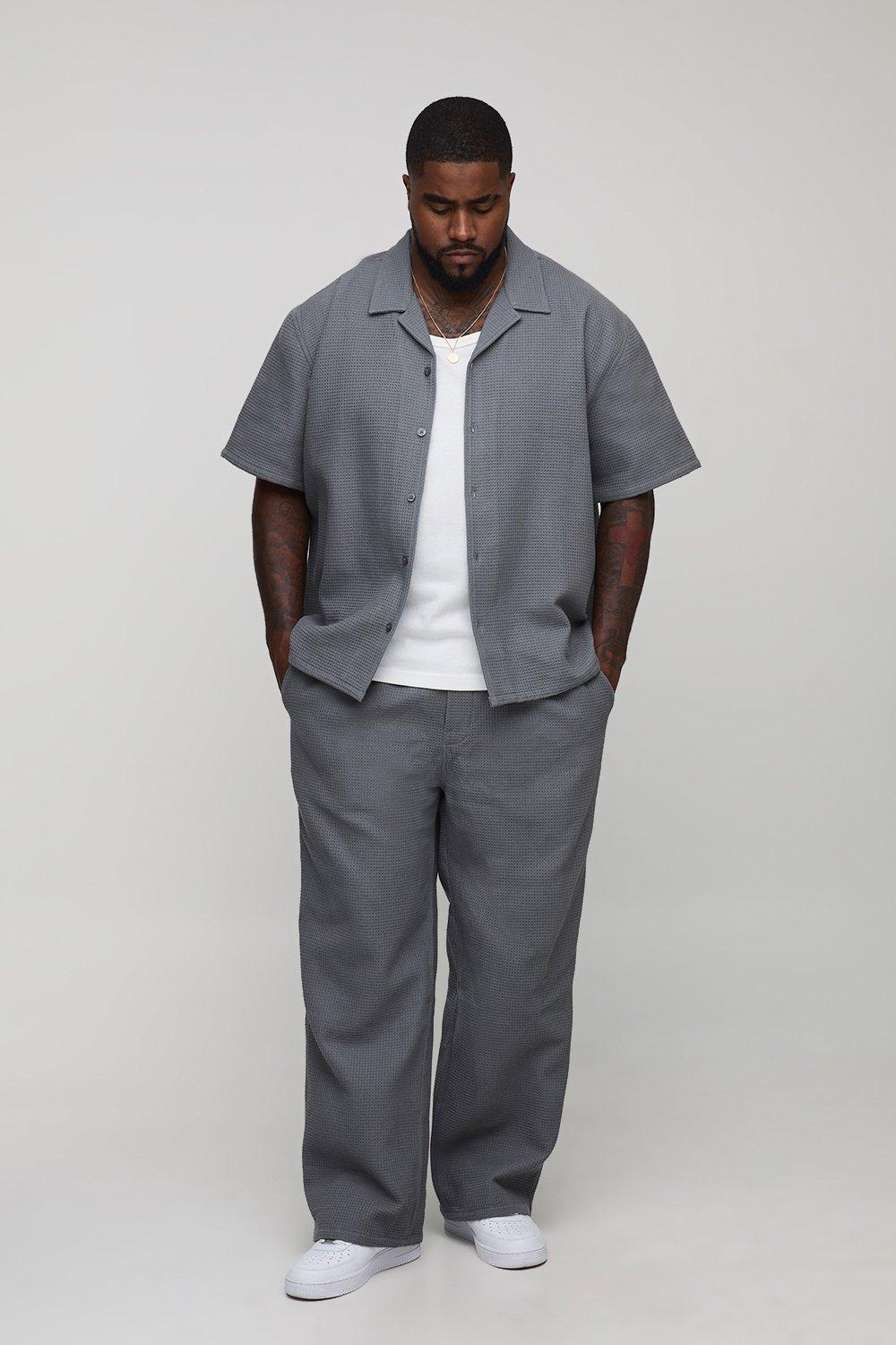 Mens Grey Plus Oversized Jumbo Waffle Revere Shirt and Relaxed Trouser Set, Grey