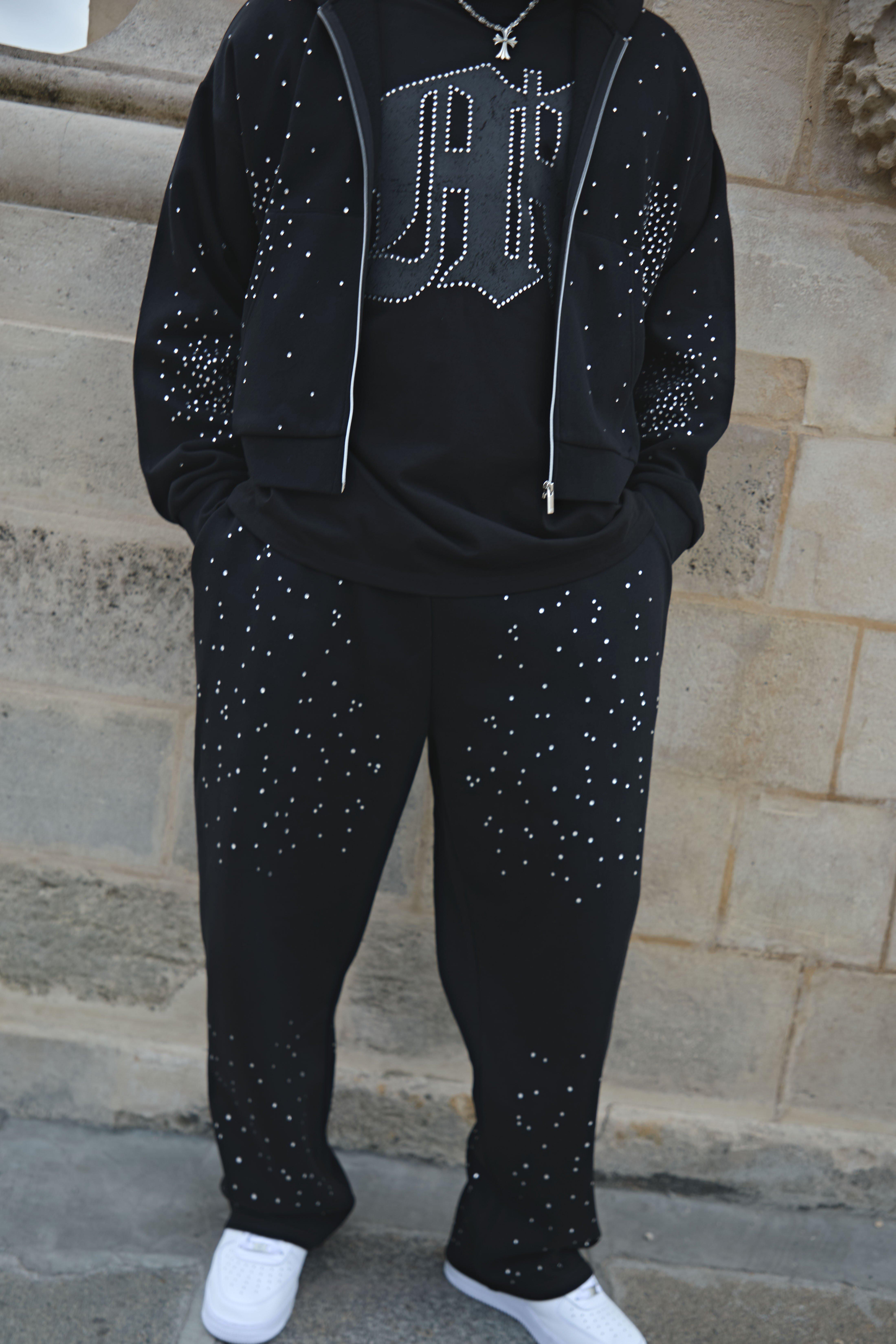 Mens Black Plus Oversized Rhinestone Joggers, Black