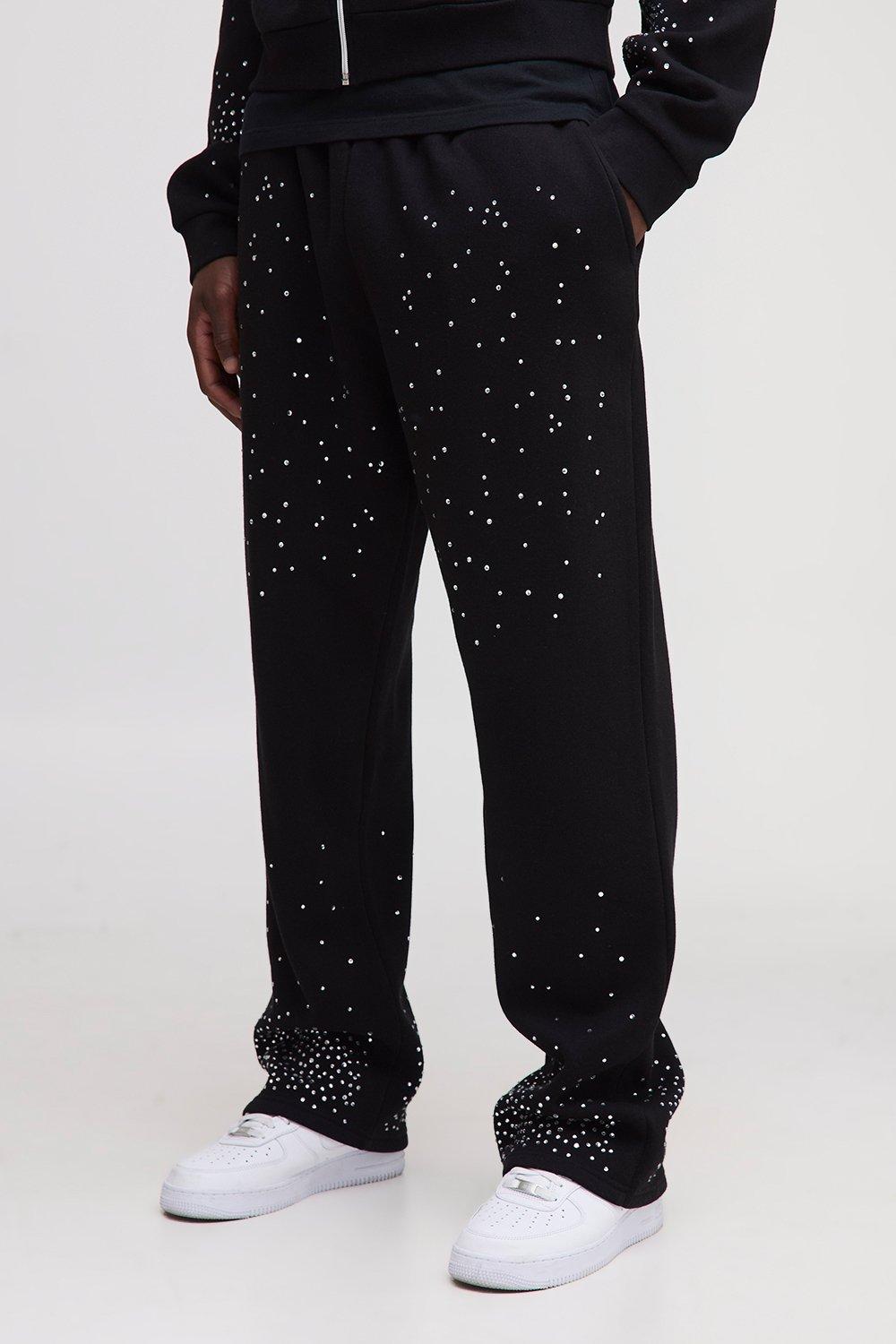 Mens Black Tall Oversized Rhinestone Joggers, Black