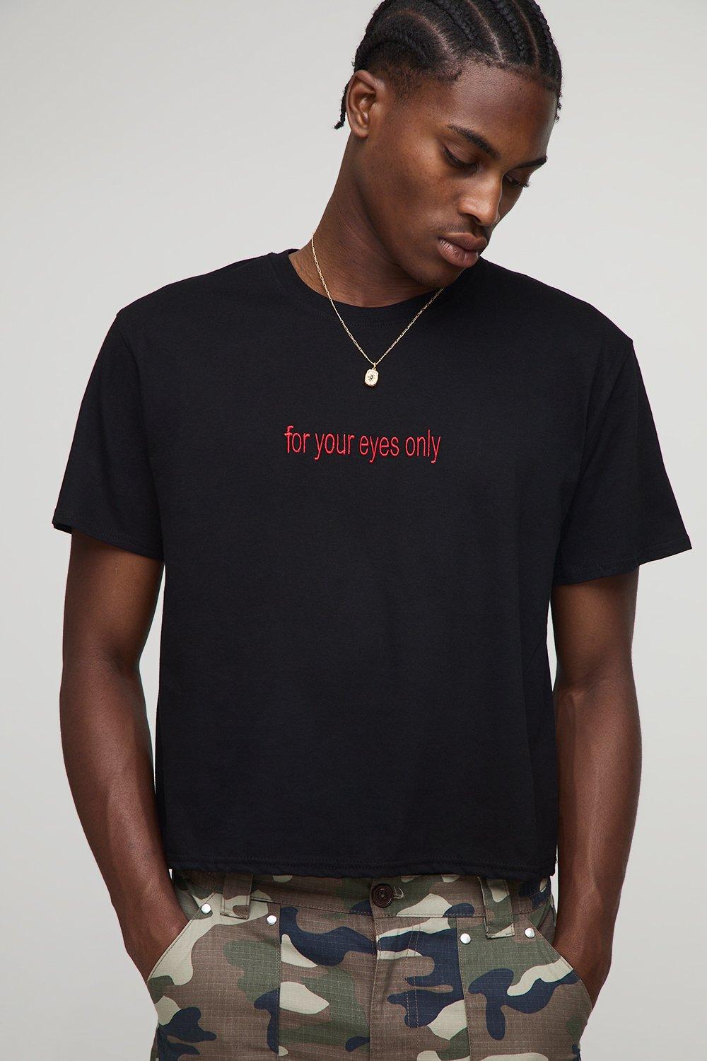 Image of Black Shrunken Boxy For Your Eyes Only Embroidered T-Shirt, Nero