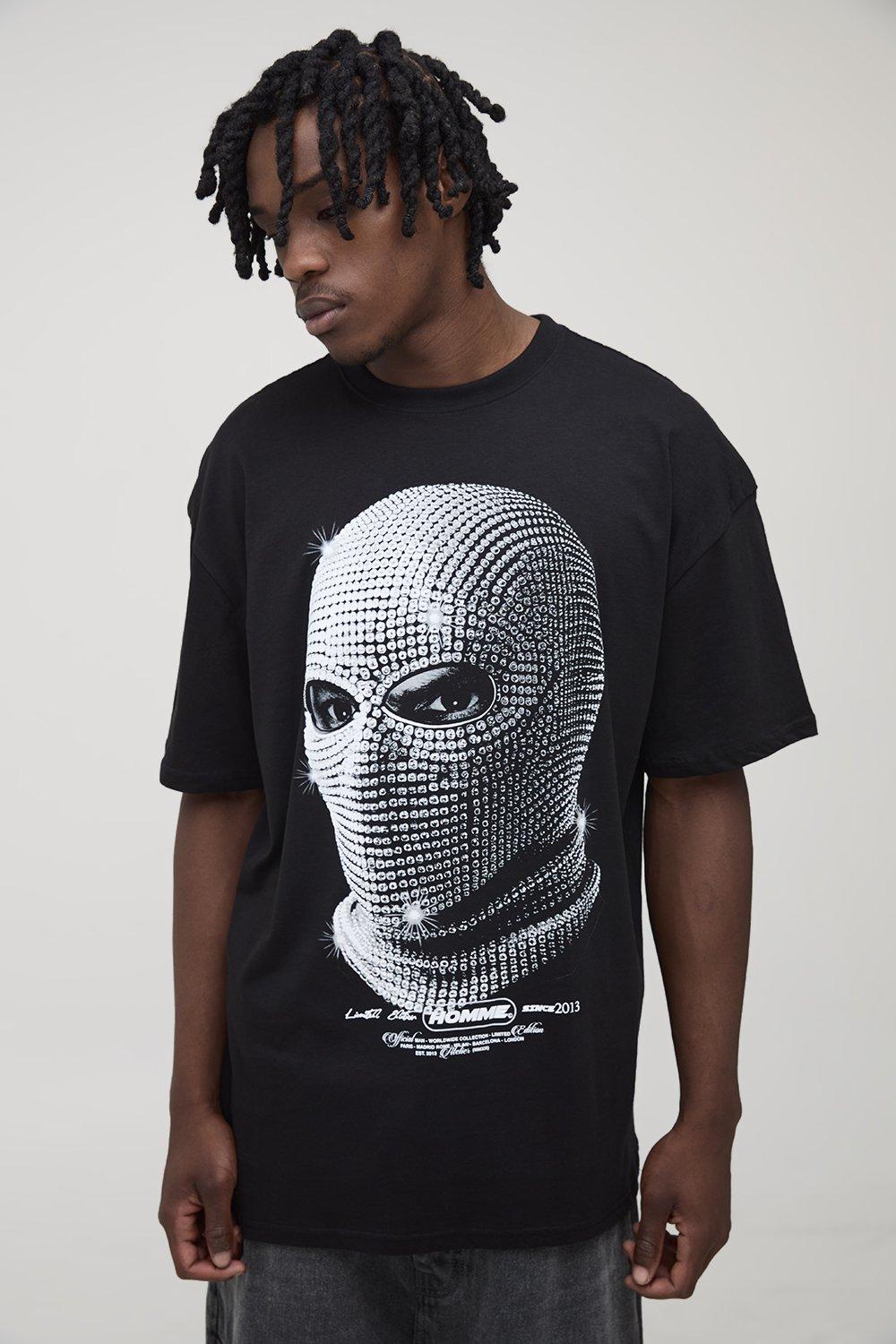 Mens Black Tall Oversized Rhinestone Mask Print T-Shirt, Black