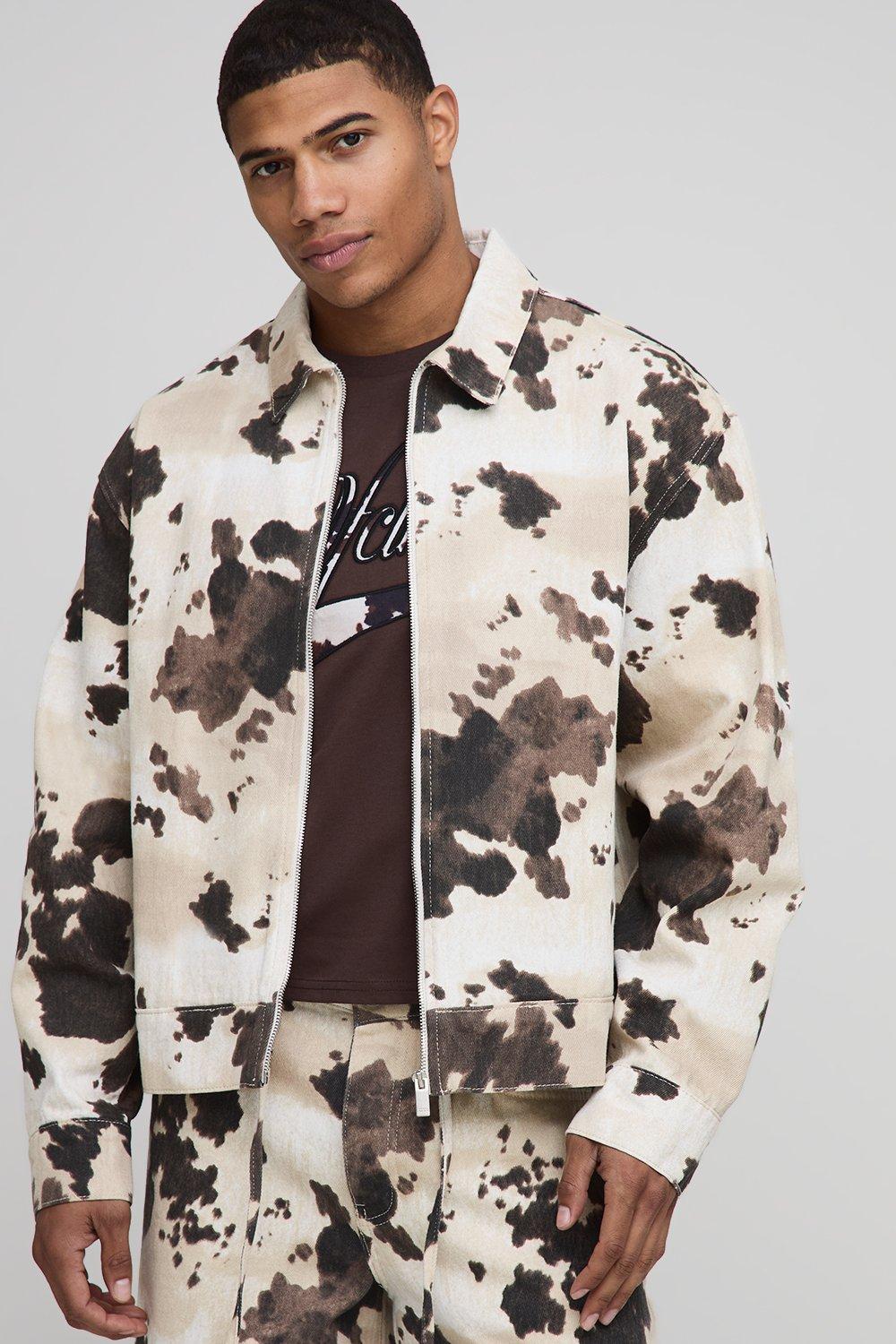 Mens Brown Boxy Denim Cow Print Bomber Jacket, Brown
