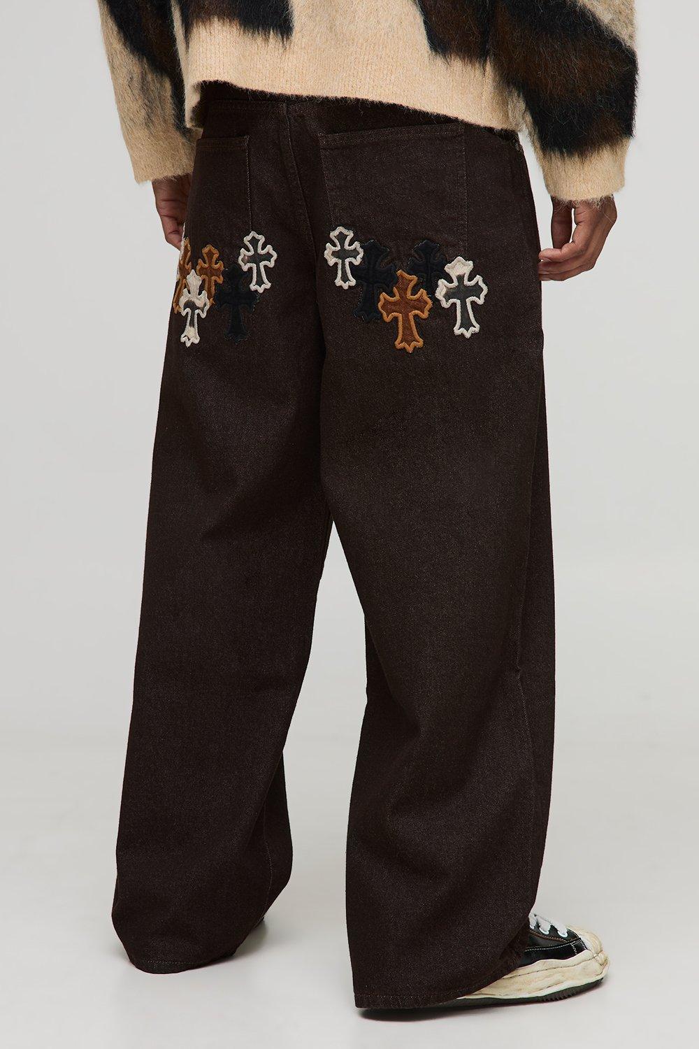 Image of Baggy Fit Cow Cross Applique Jeans, Brown