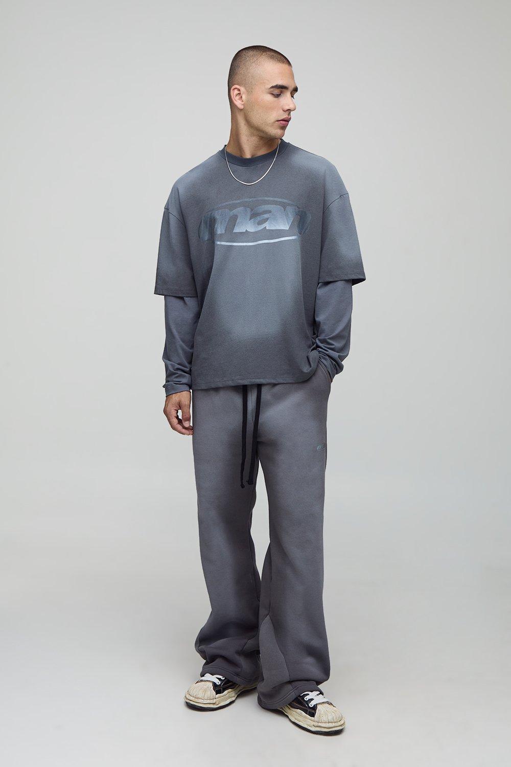 Image of Oversized Boxy Washed Faux Layer T-Shirt And Relaxed Jogger Set, Grigio