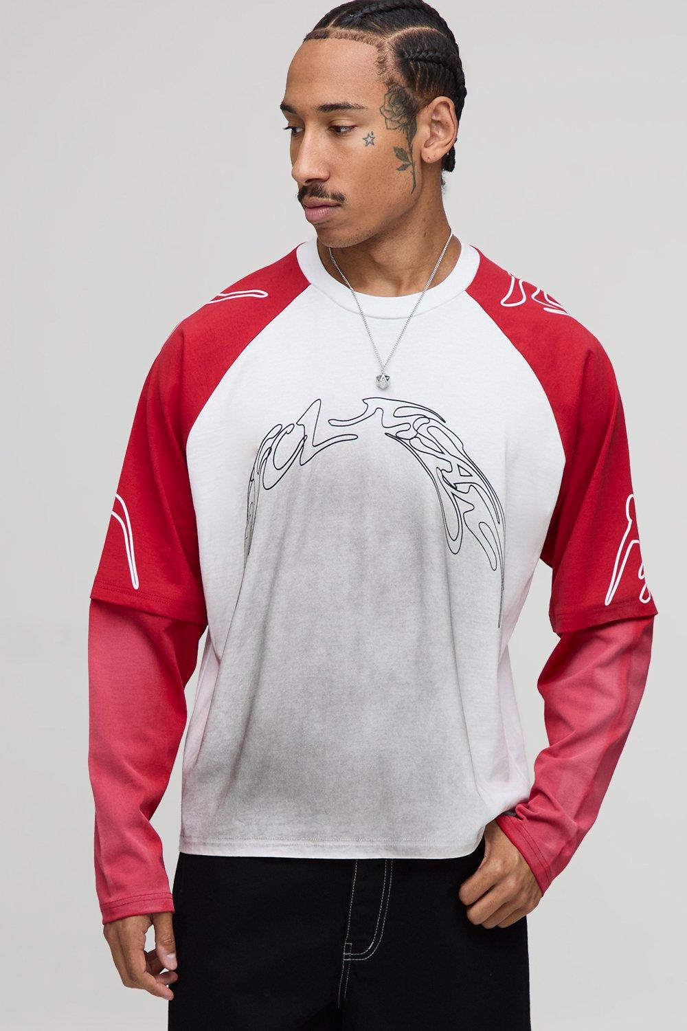 Image of Oversized Boxy Raglan Faux Layer Graphic Washed T-Shirt, Rosso