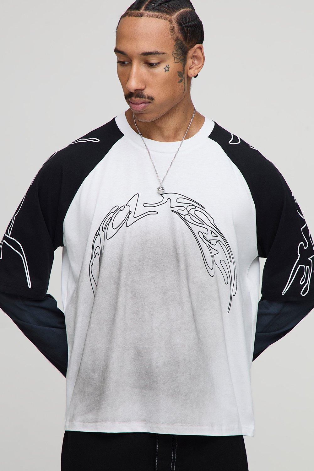 Image of Oversized Boxy Raglan Faux Layer Graphic Washed T-Shirt, Nero