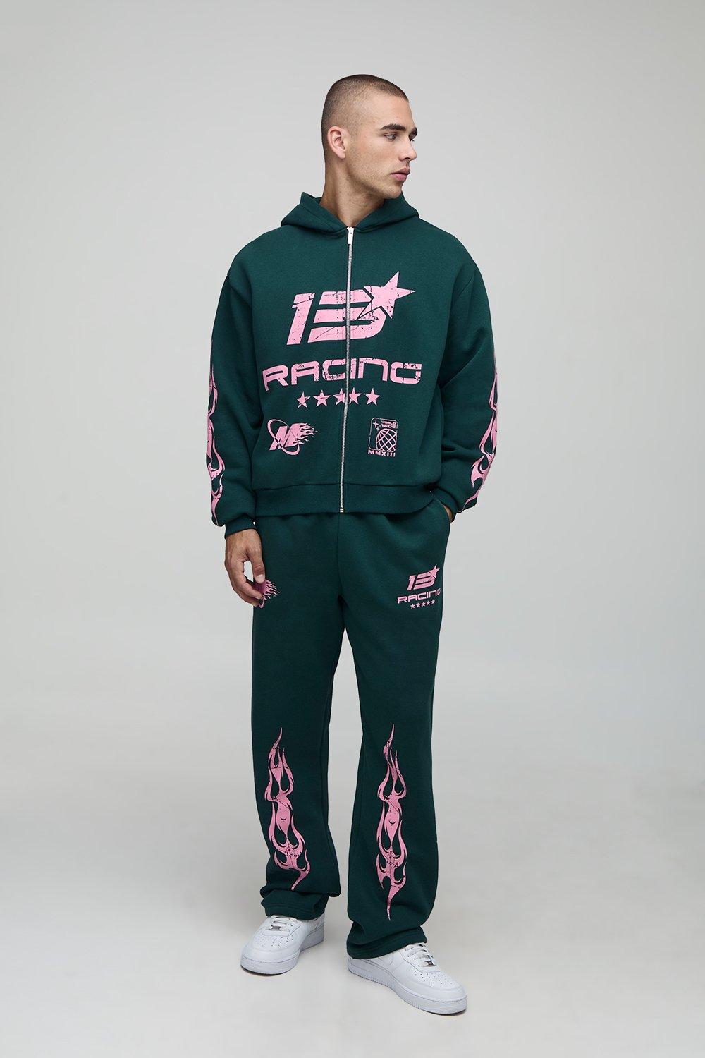 Oversized Boxy Moto Zip Through Hoodie And Relaxed Jogger Tracksuit