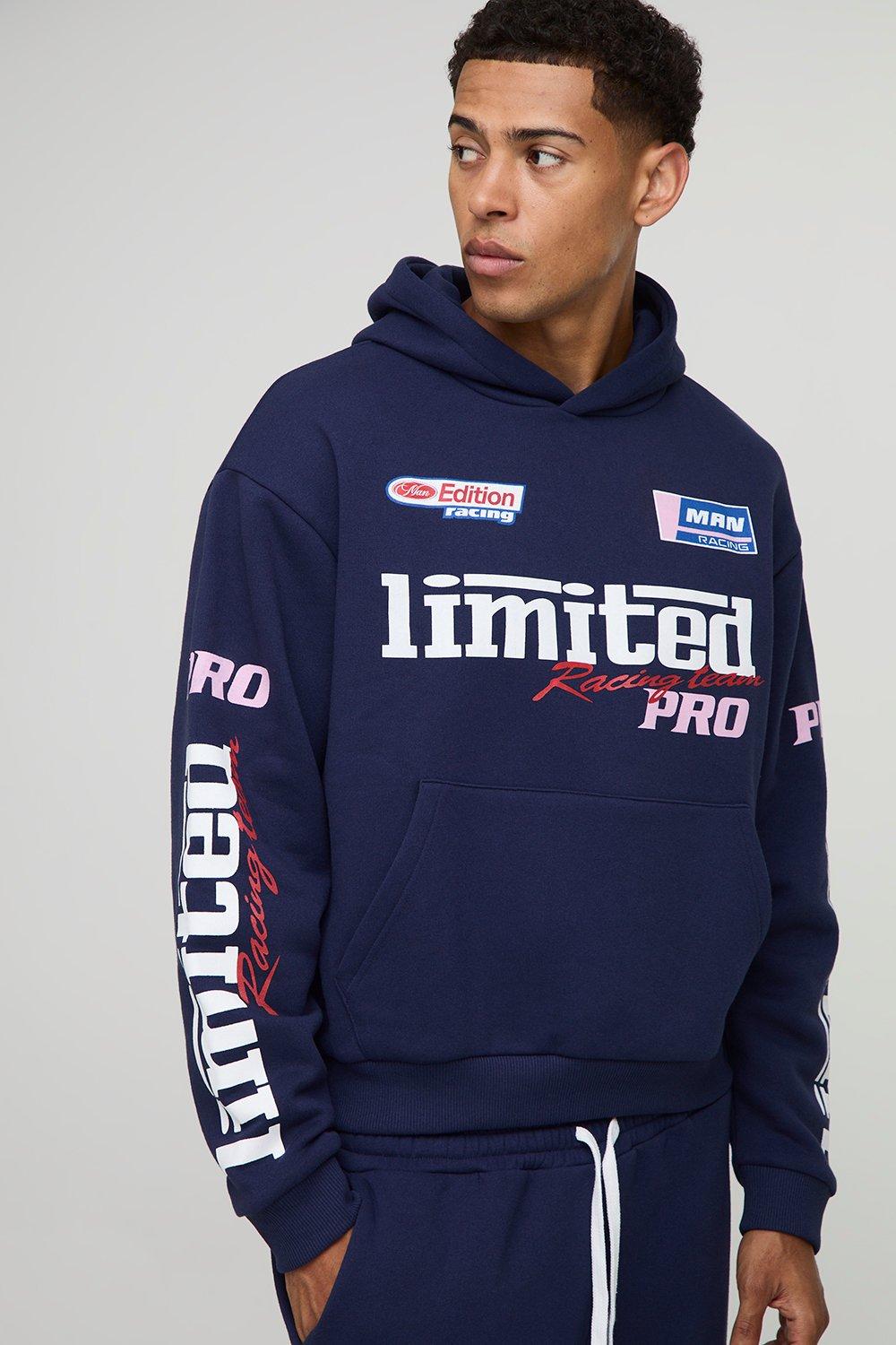 Image of Oversized Boxy Moto Graphic Hoodie, Navy