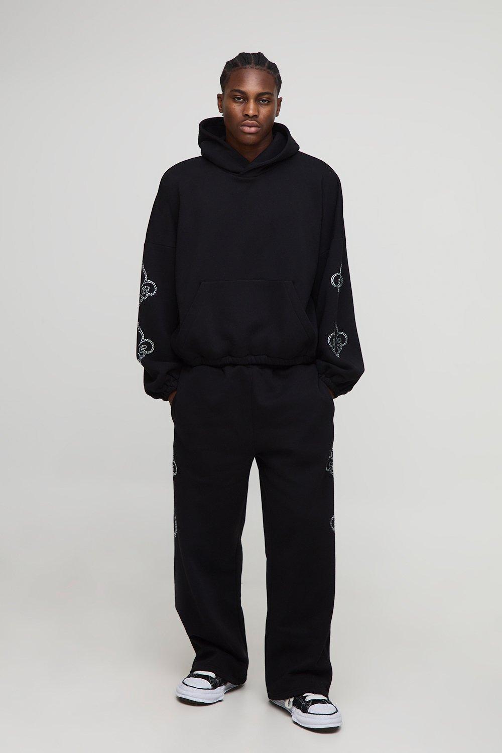 Image of Oversized Embellished Batwing Hoodie and Wide Leg Jogger Tracksuit, Nero