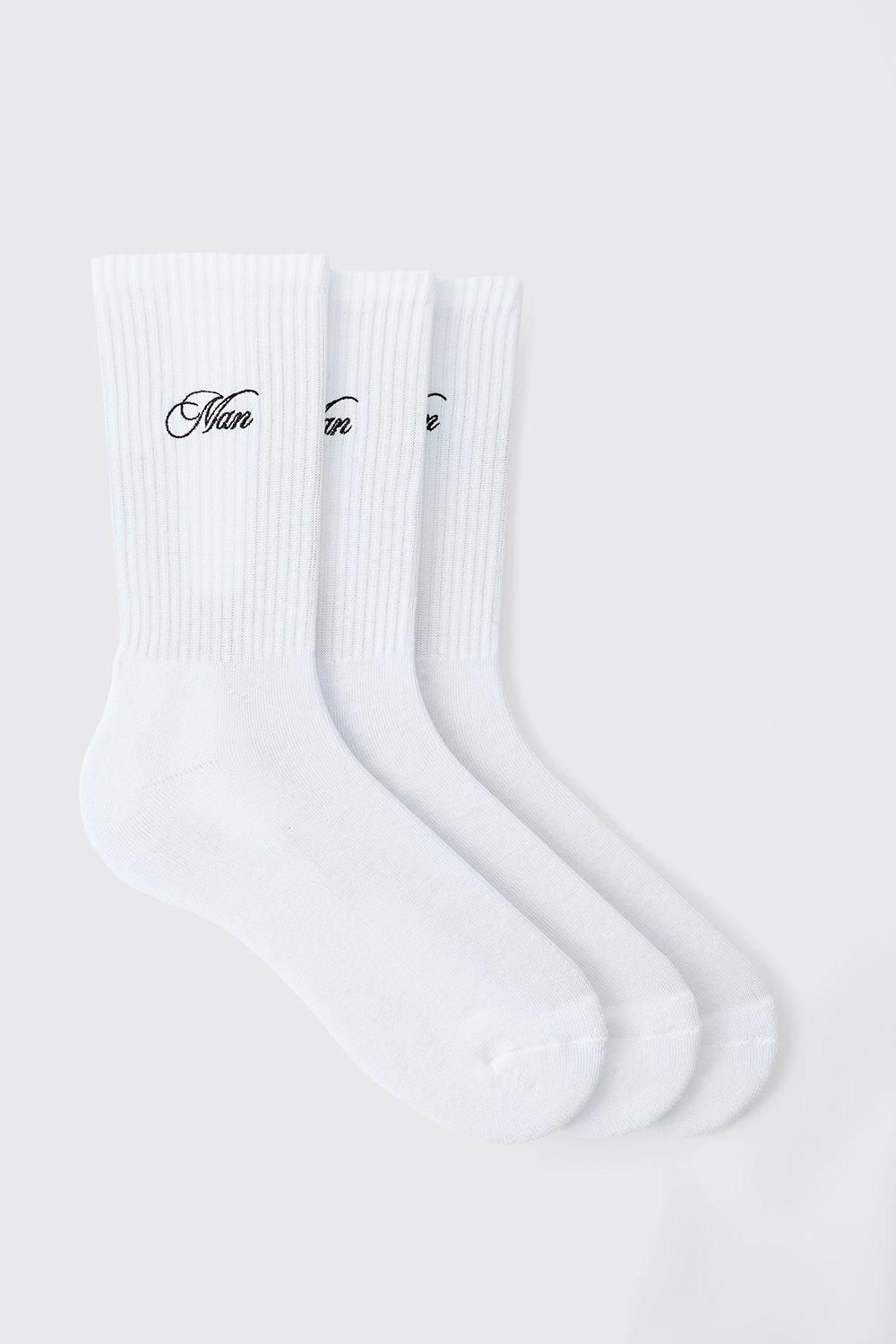Image of 3 Pack MAN Script Embroidered Socks, Bianco