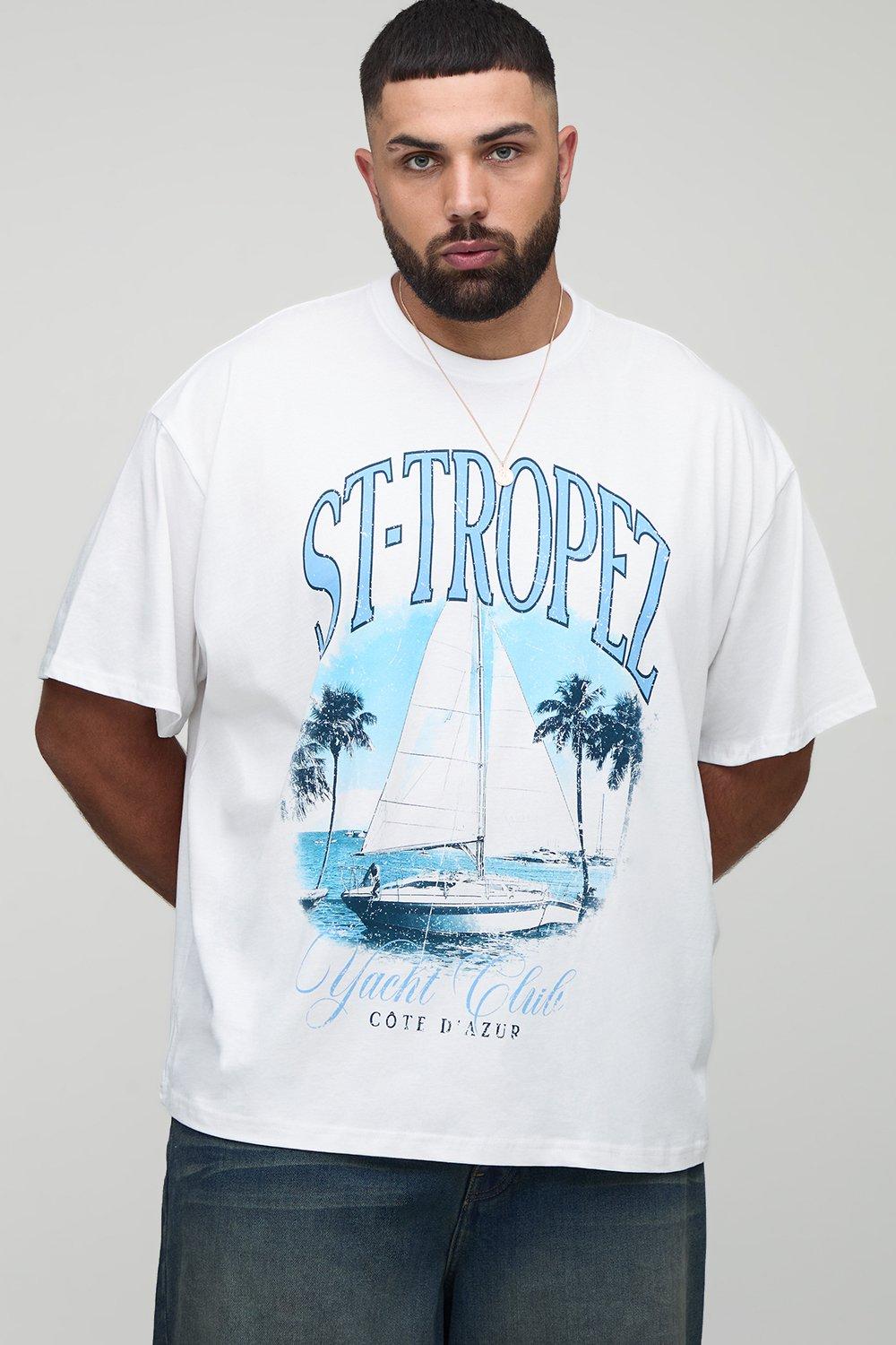 Image of Plus Oversized St. Tropez Landscape Print T-Shirt, Bianco