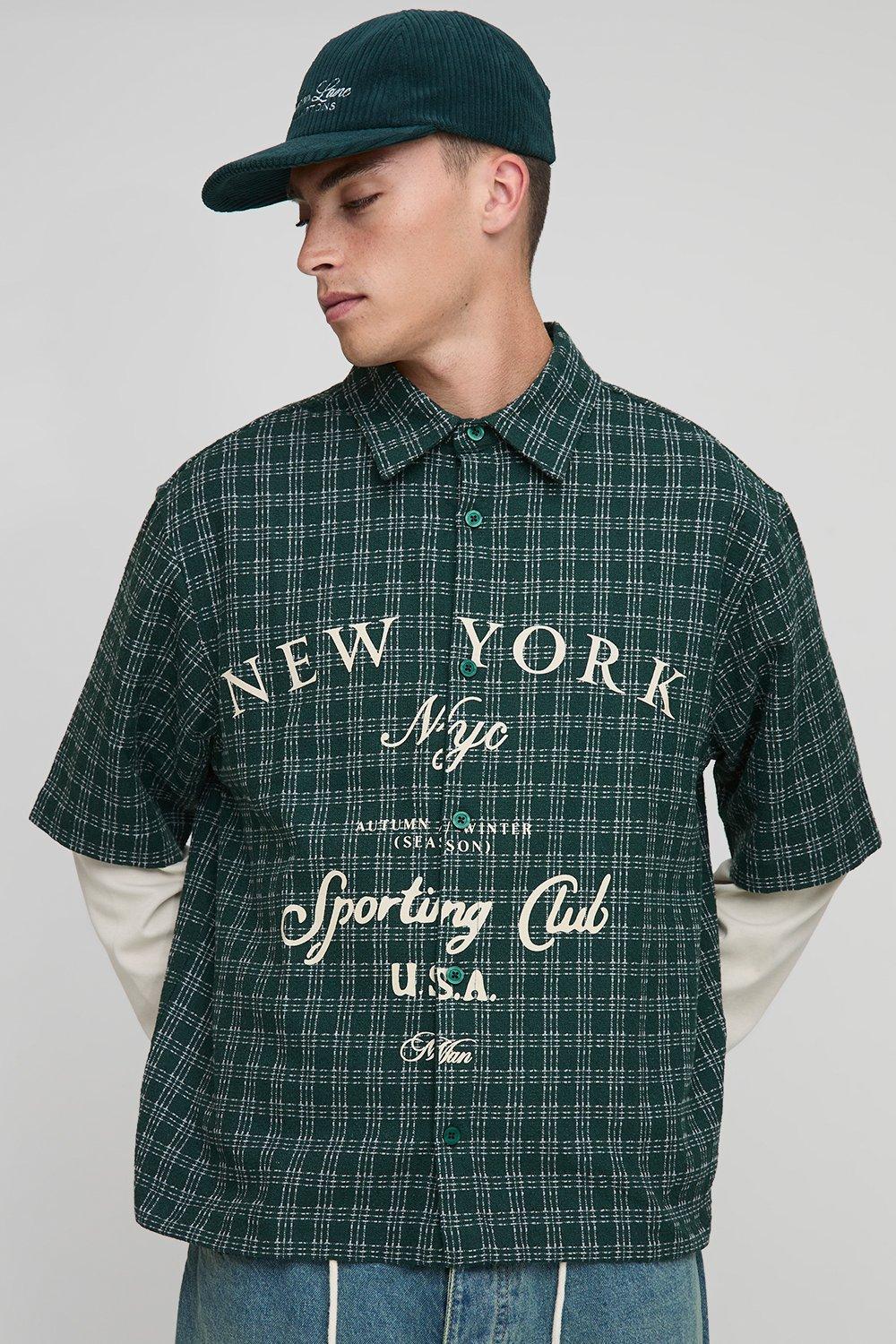 Mens Green Oversized Half Sleeve New York Micro Check Shirt, Green