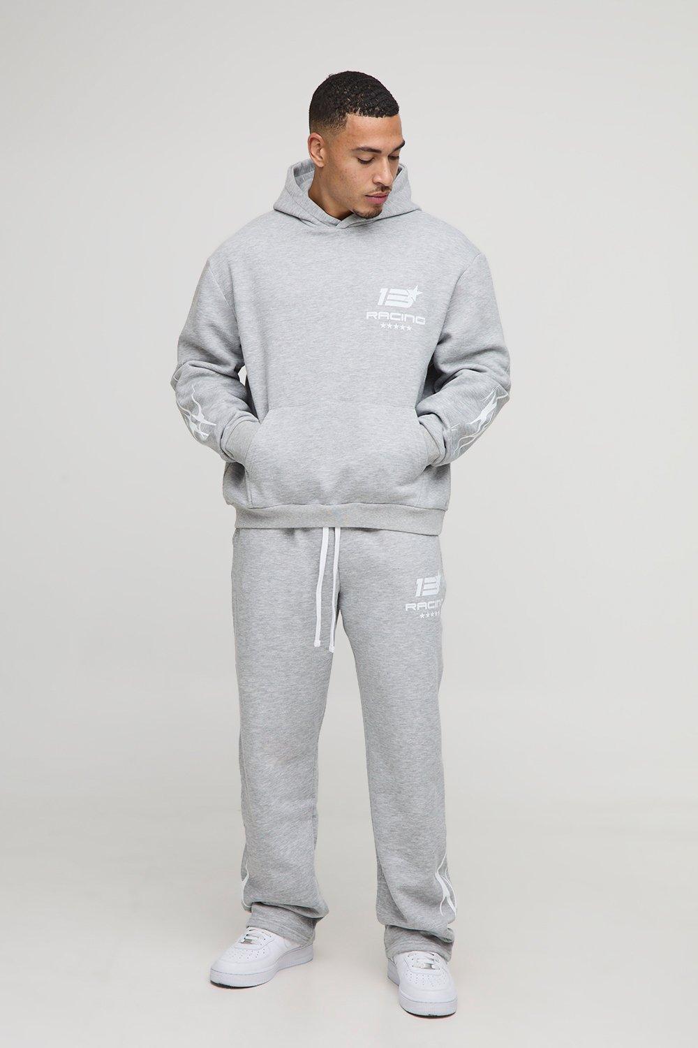Mens Grey Oversized Boxy Moto Graphic Hoodie & Baggy Jogger Tracksuit, Grey