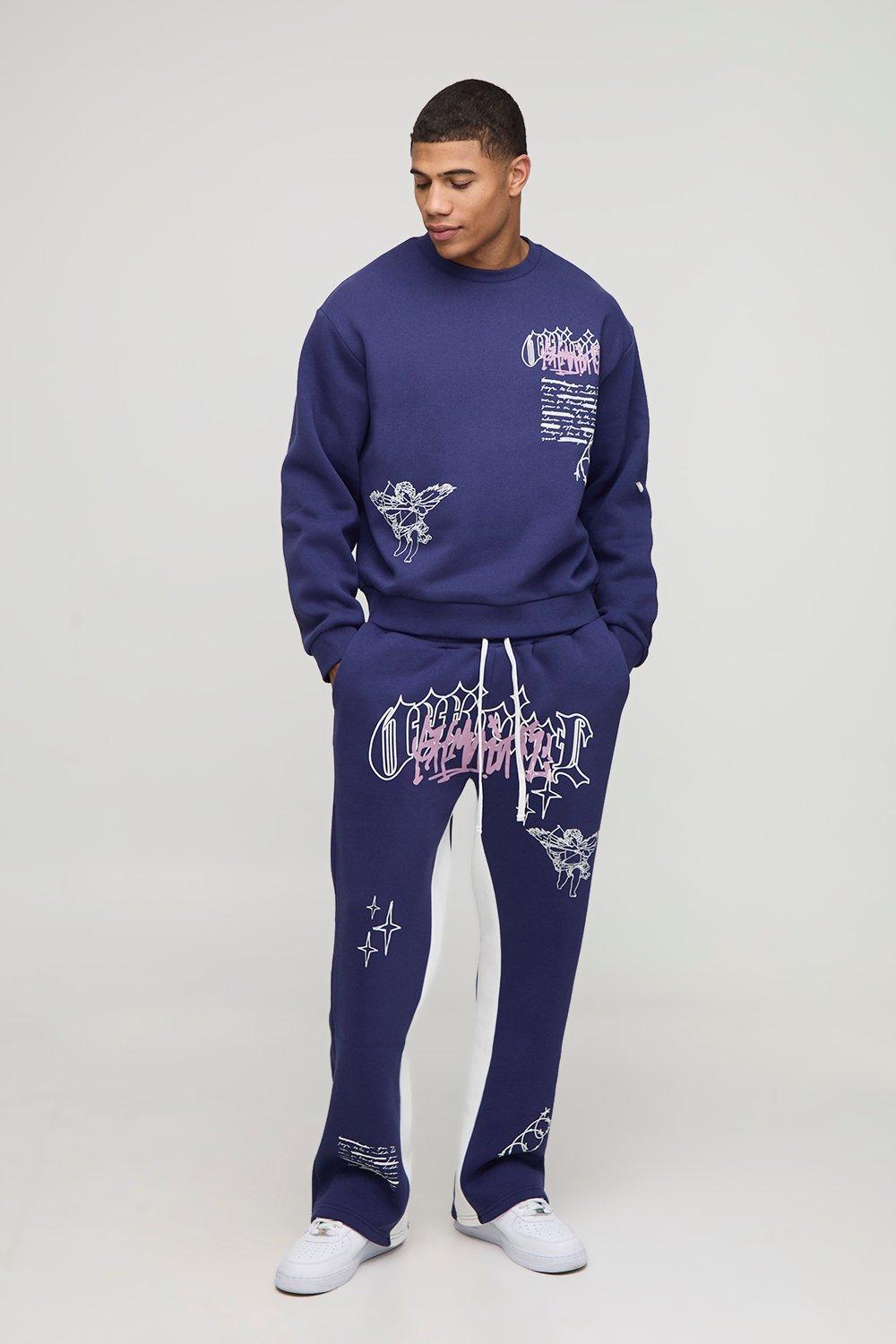 Image of Oversized Boxy Graffiti Sweatshirt And Regular Gusset Jogger Tracksuit, Navy