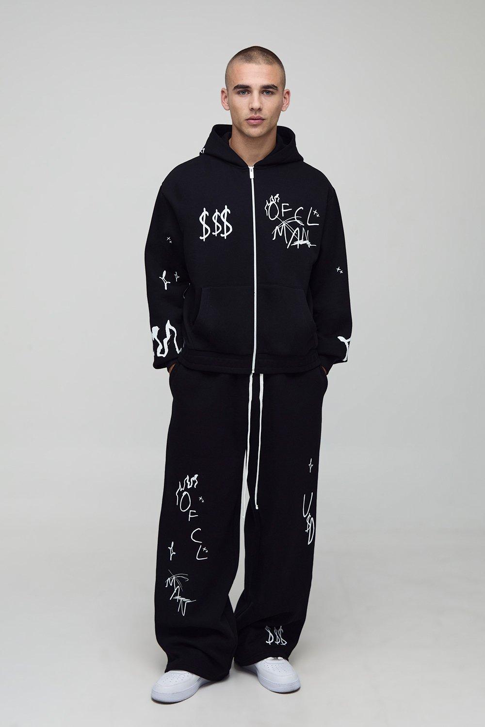 Image of Oversized Boxy Graffiti Zip Through Hoodie And Wide Leg Jogger Tracksuit, Nero