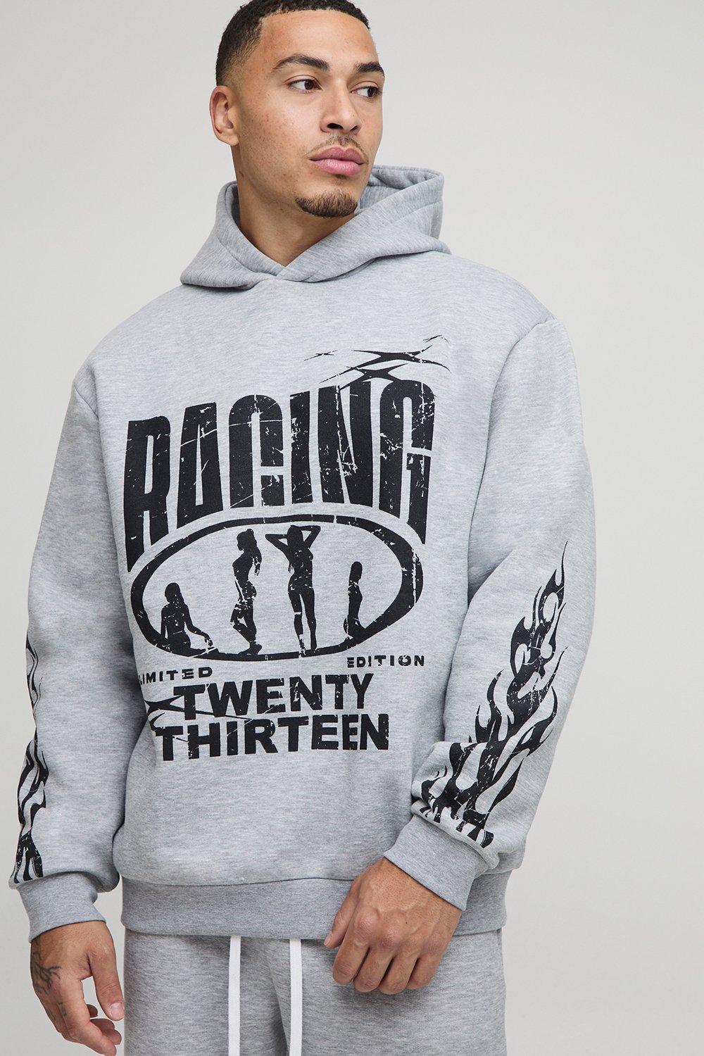 Image of Oversized Moto Racing Graphic Hoodie, Grigio
