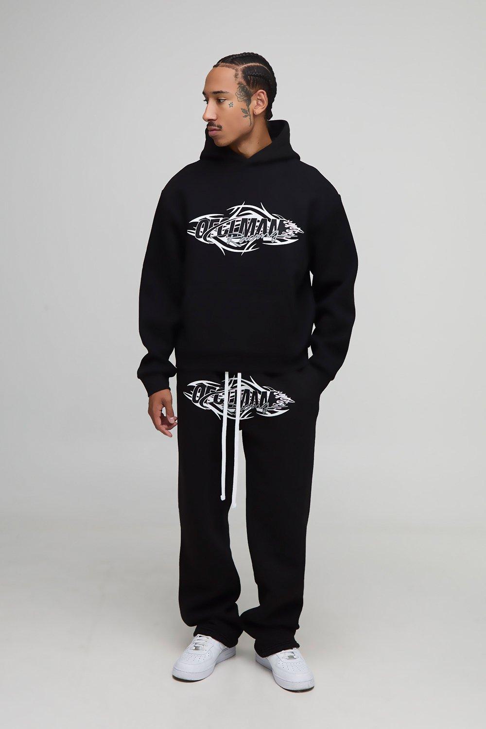 Image of Oversized Boxy Ofclman Graphic Washed Hoodie & Relaxed Jogger Tracksuit, Nero