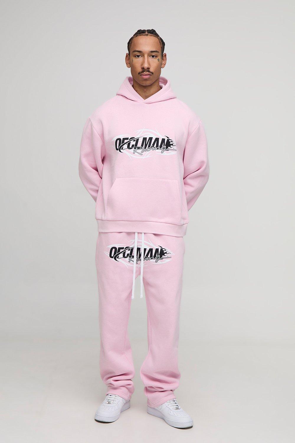 Image of Oversized Boxy Ofclman Graphic Washed Hoodie & Relaxed Jogger Tracksuit, Pink